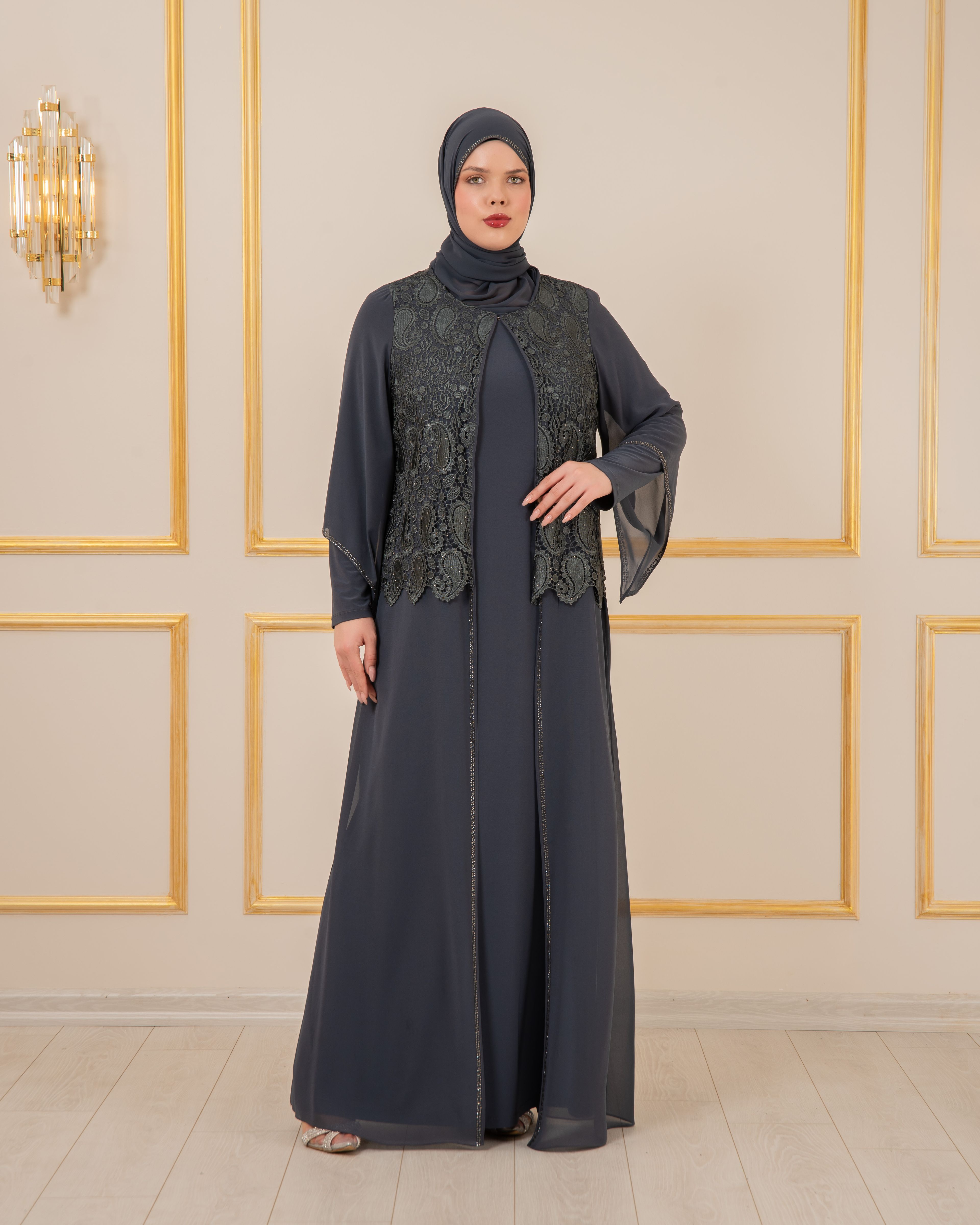GÜPÜRLÜ TAŞLI BÜYÜK BEDEN ABİYE KAFTAN - Gri