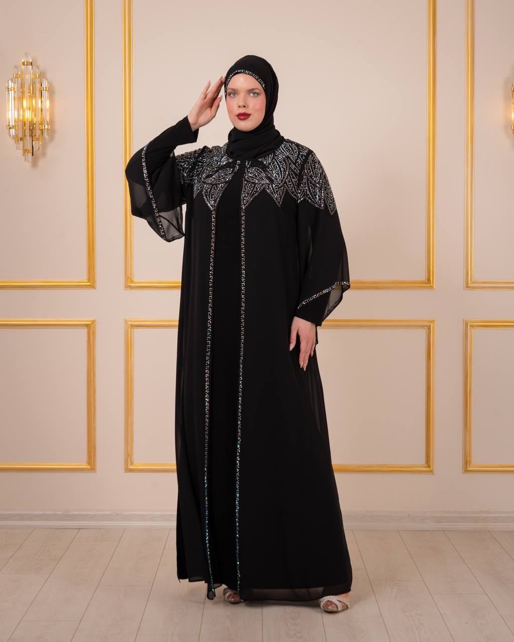 TAŞLI BÜYÜK BEDEN ABİYE KAFTAN - Siyah