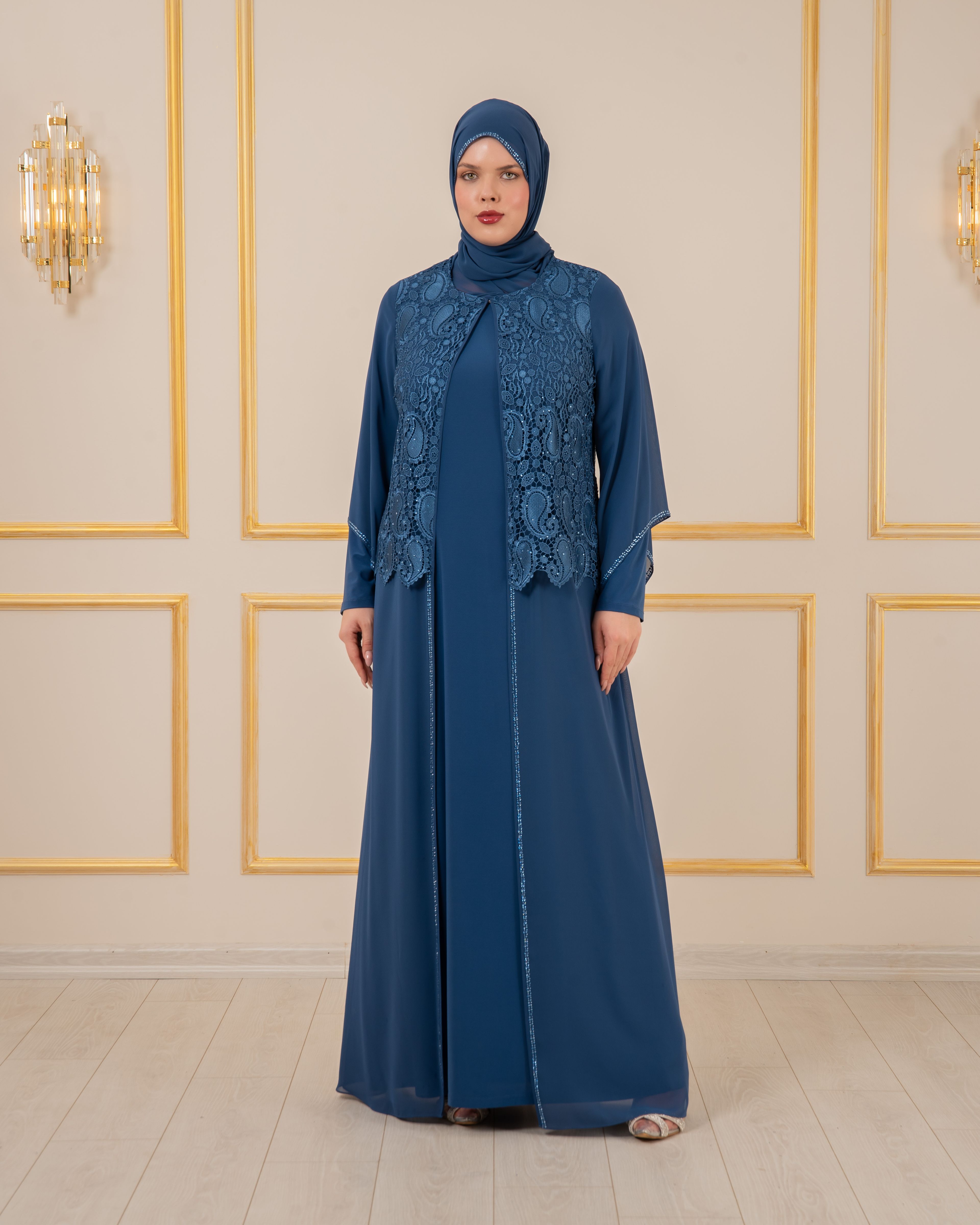 GÜPÜRLÜ TAŞLI BÜYÜK BEDEN ABİYE KAFTAN - İndigo