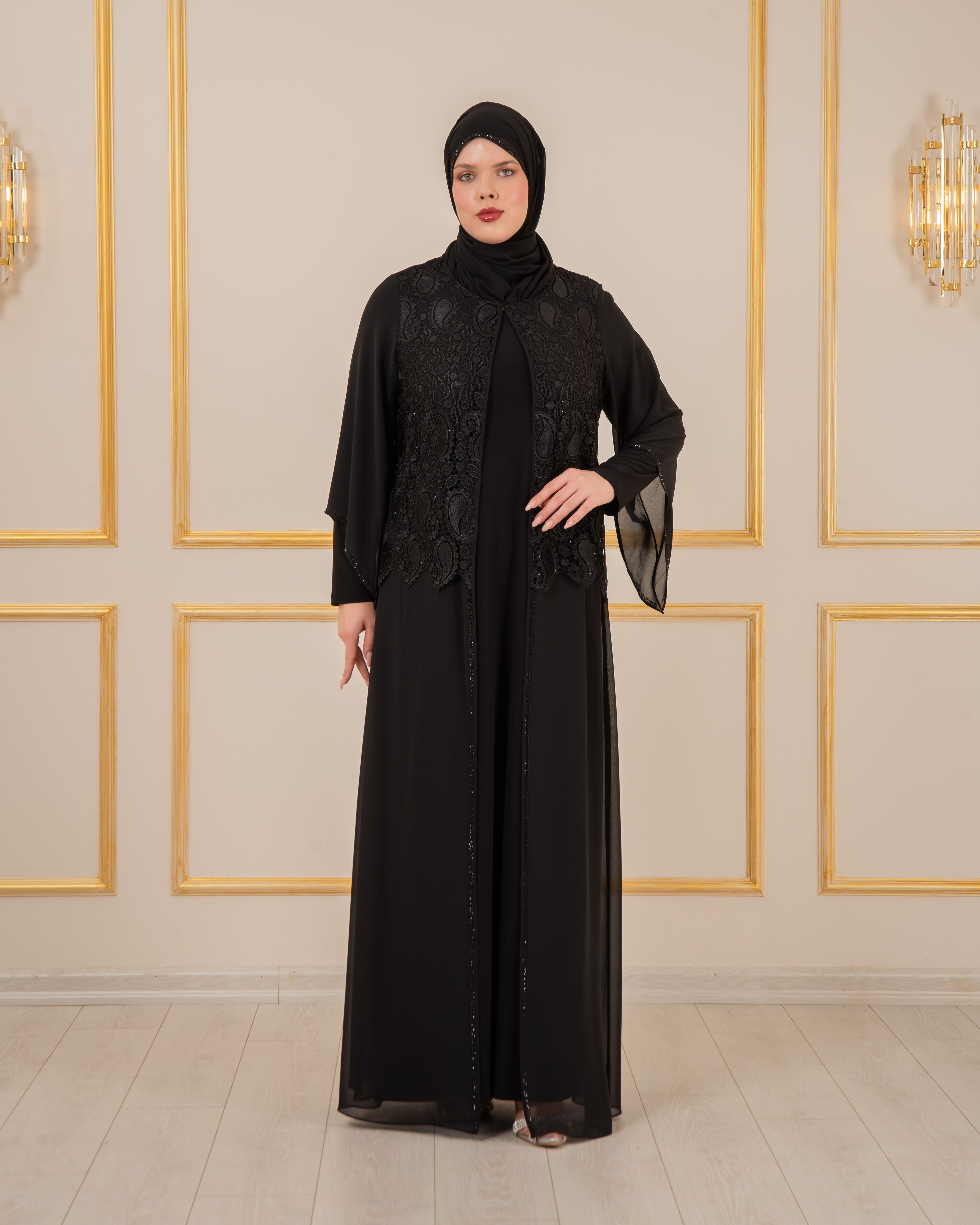 GÜPÜRLÜ TAŞLI BÜYÜK BEDEN ABİYE KAFTAN - Siyah