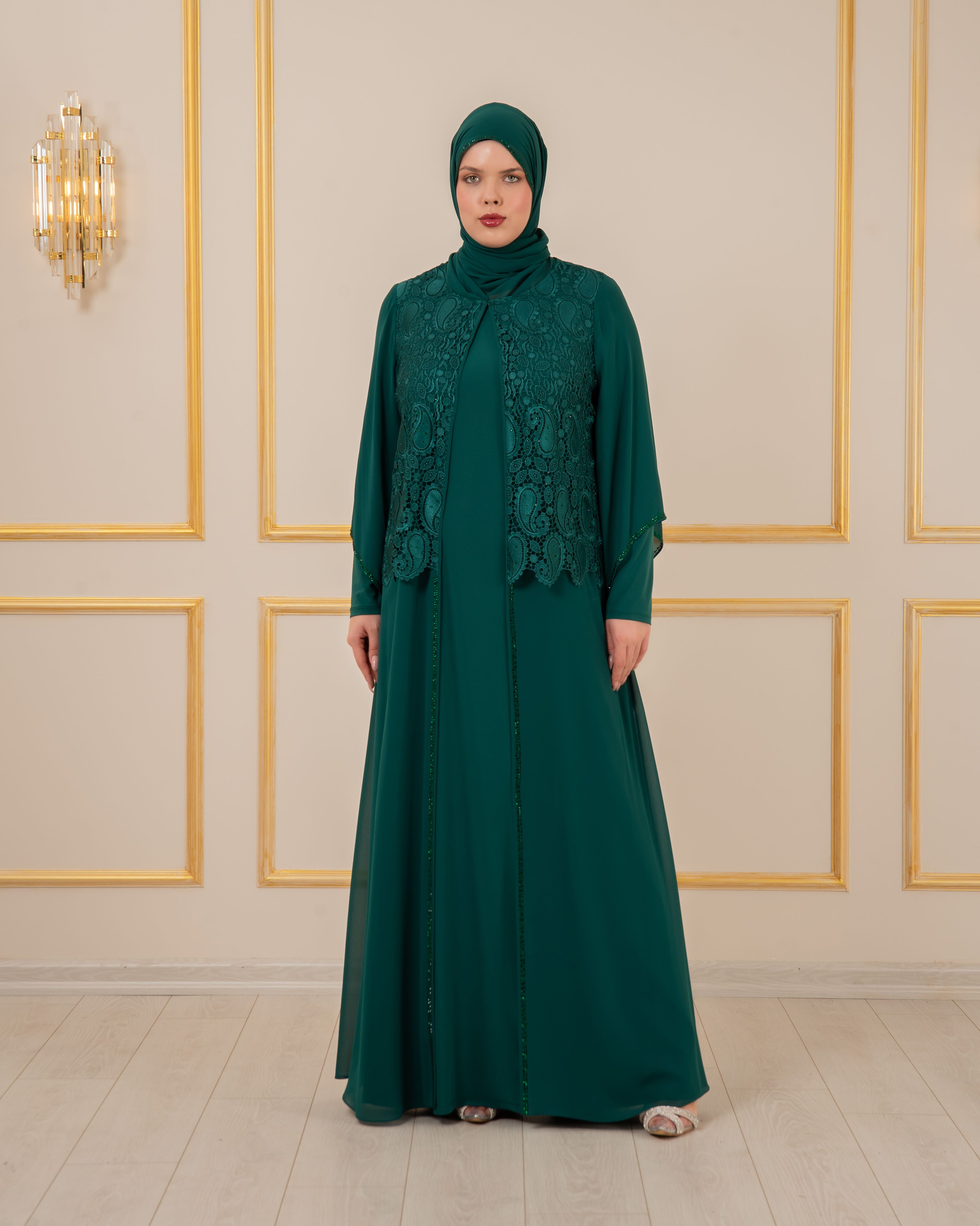 GÜPÜRLÜ TAŞLI BÜYÜK BEDEN ABİYE KAFTAN - Yeşil