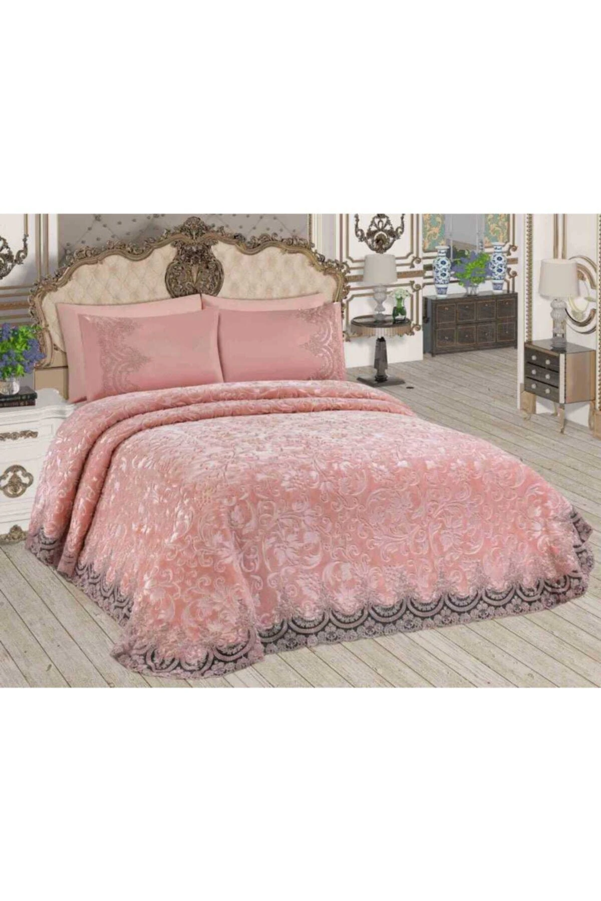 Fransız Dantelli Çift Kişilik Battaniye Takımı Pudra