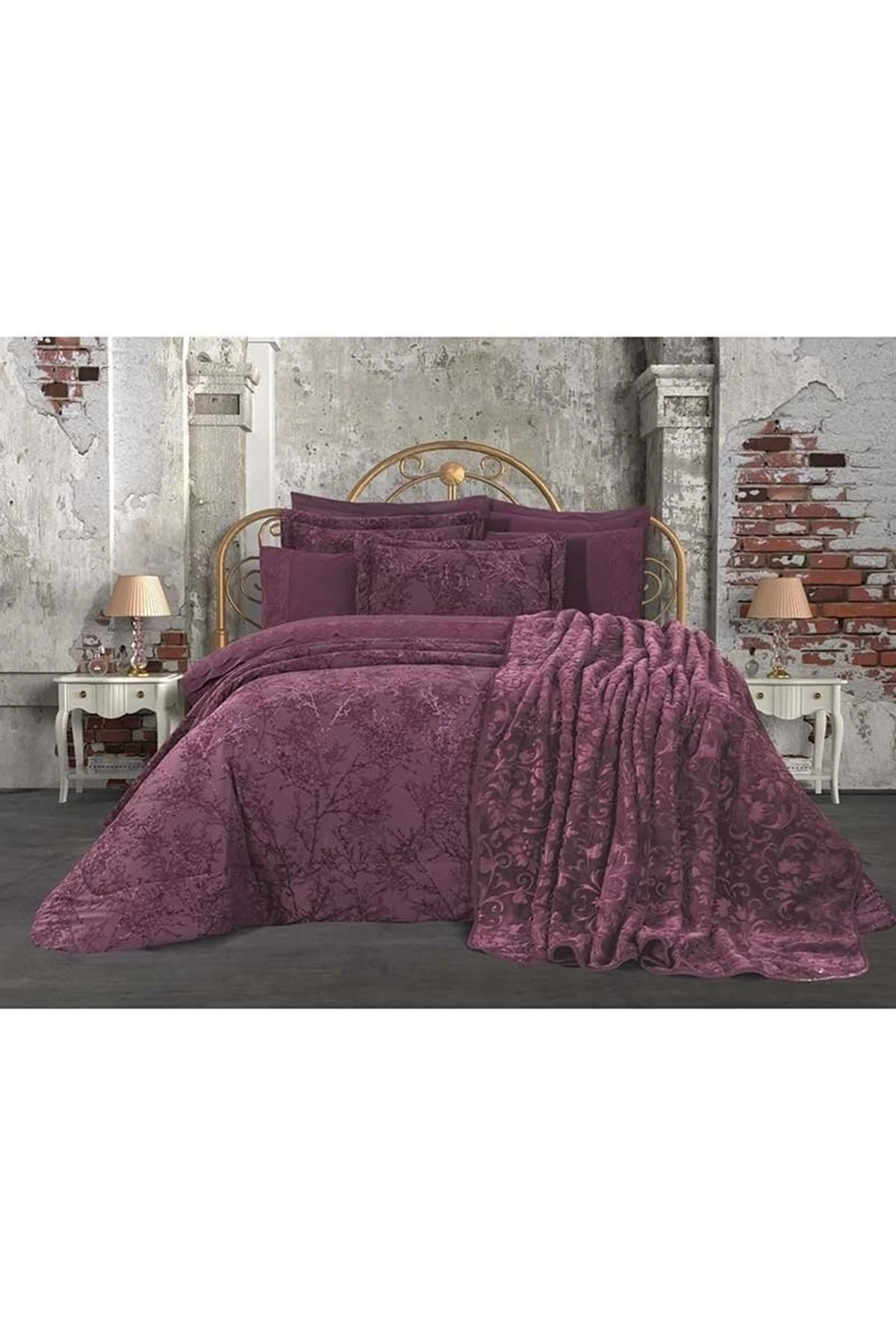 16 Parça Çeyiz Seti, Gelin Seti Yatak Ört Nevresim Tk Battaniye Bornoz Seti-branch Mürdüm