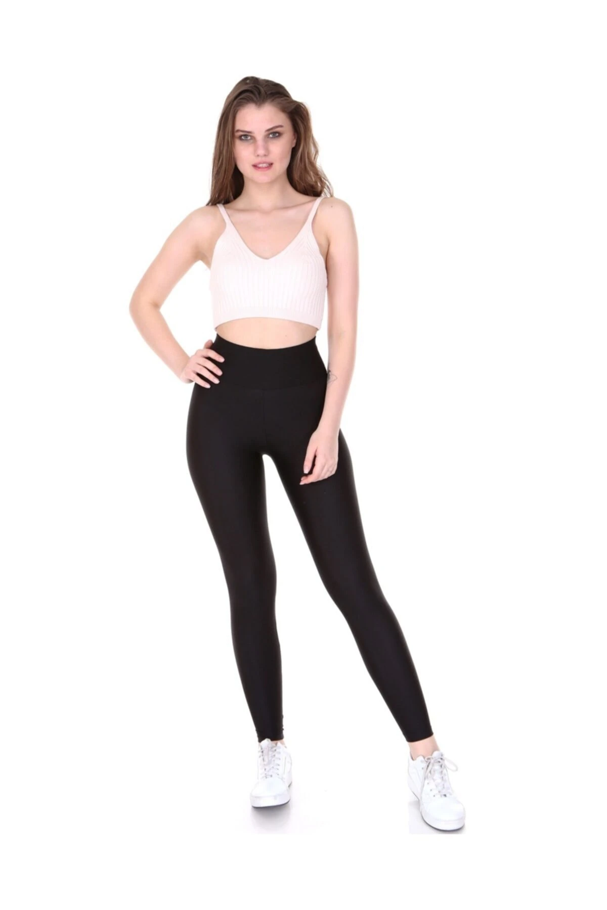 Kadın Siyah Yüksek Bel Geniş Kemerli Parlak Toparlayıcı Disco Tayt