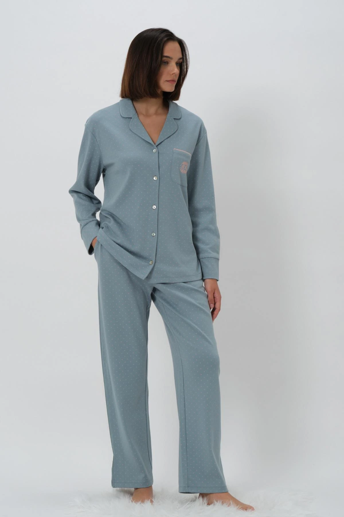 Kadın Uzun Kol Önden Düğmeli Mavi Pijama Takım %100 Pamuk CTN83