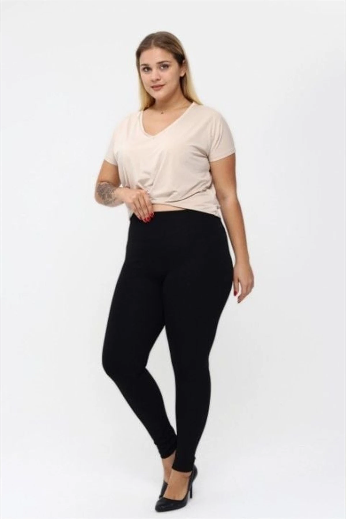 Siyah Battal Beden Şardonlu Çelik Yüksek Bel Kadın Tayt