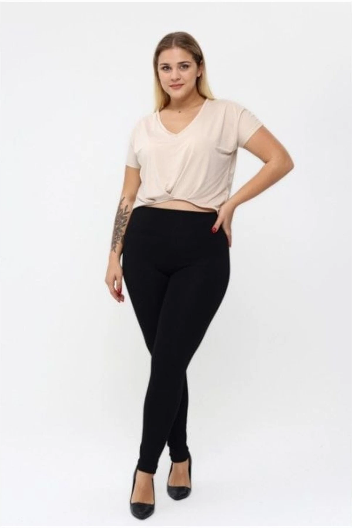 Siyah Battal Beden Şardonlu Çelik Yüksek Bel Kadın Tayt