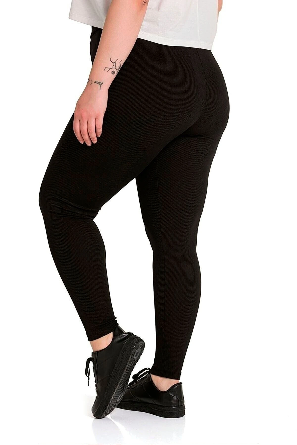 Kadın Büyük Beden Siyah Fitilli Yüksek Bel Tayt