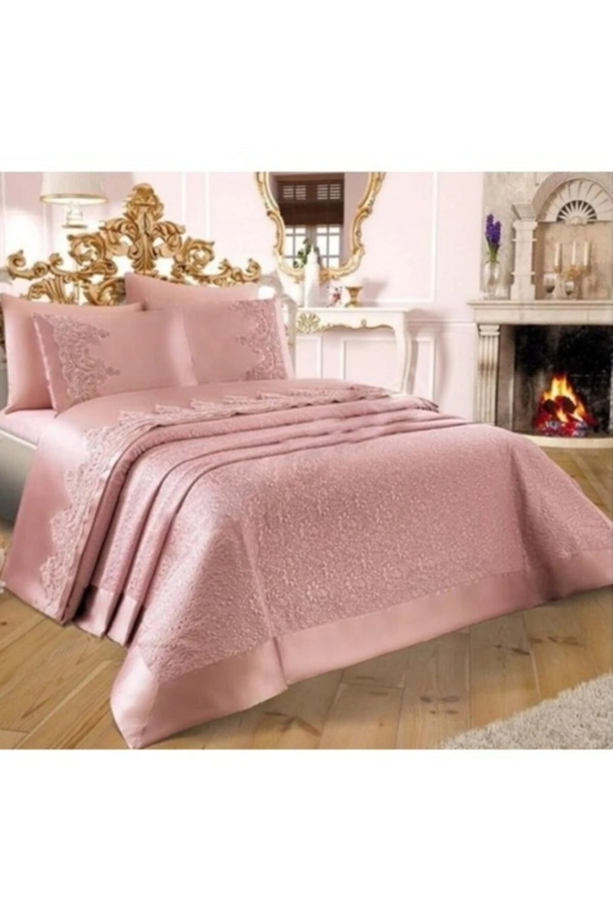 Diana Fransız Güpürlü Çift Kişilik Pike Takımı Pudra