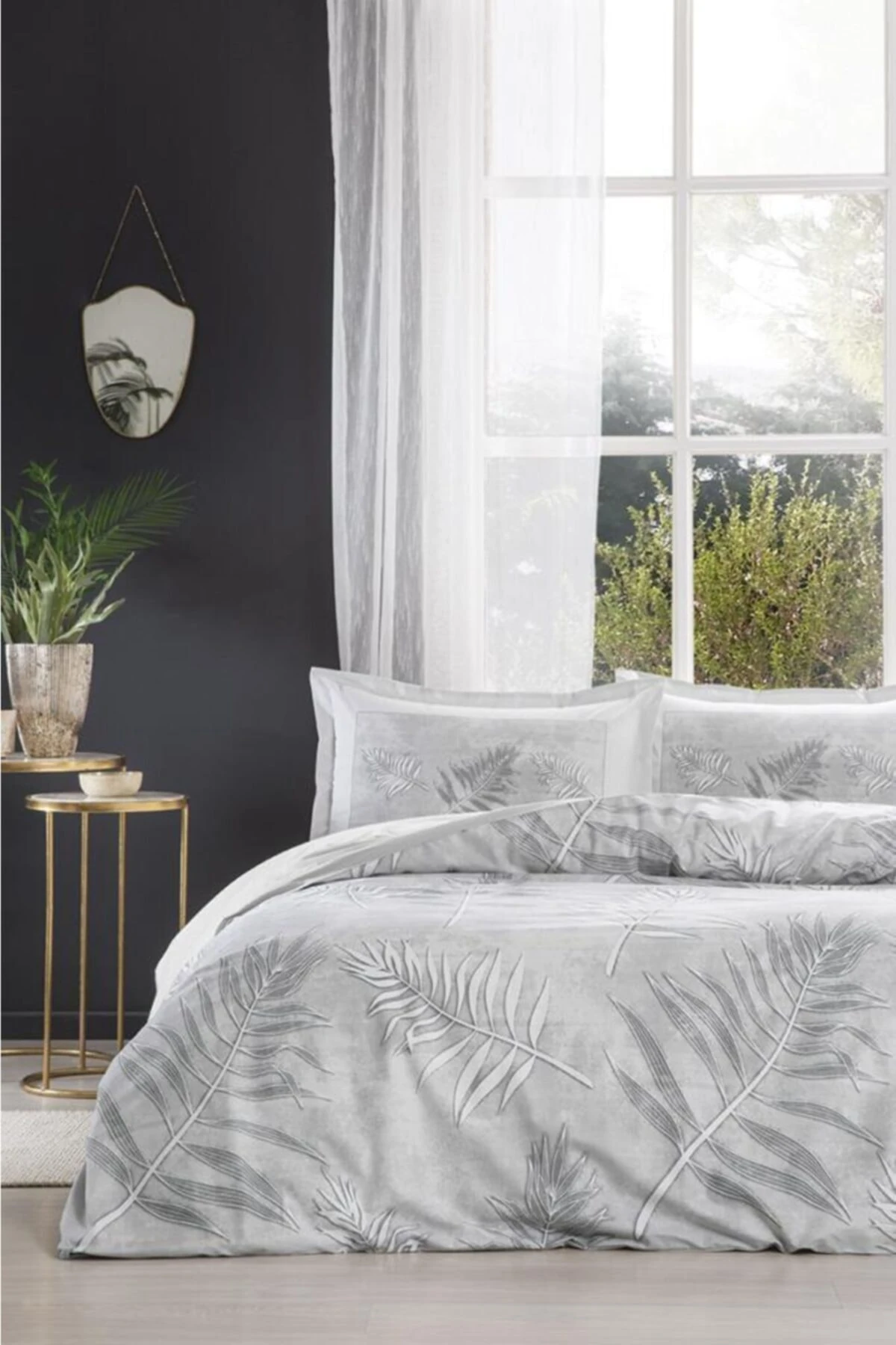 Gri Frunze Nevresim Takımı Çift Kişilik Ranforce