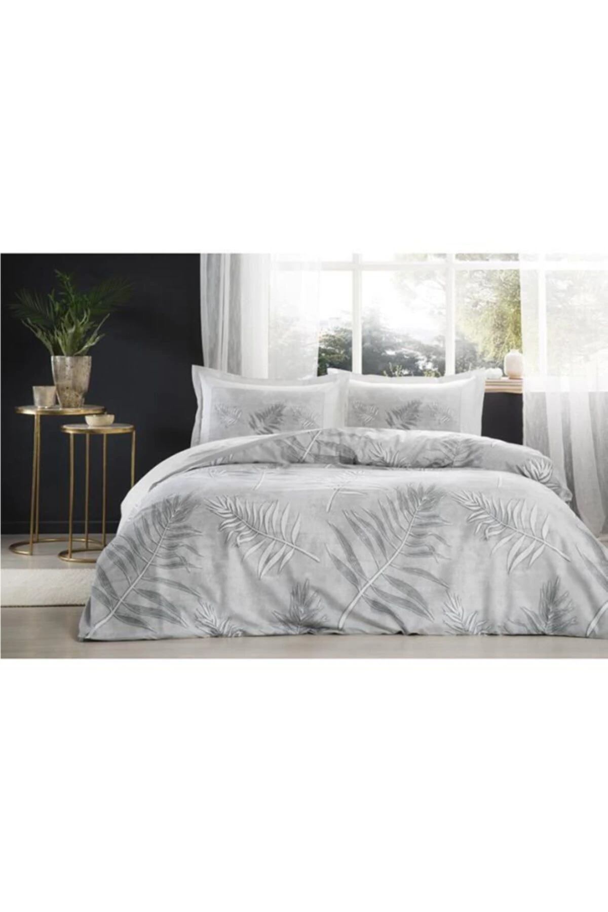 Gri Frunze Nevresim Takımı Çift Kişilik Ranforce