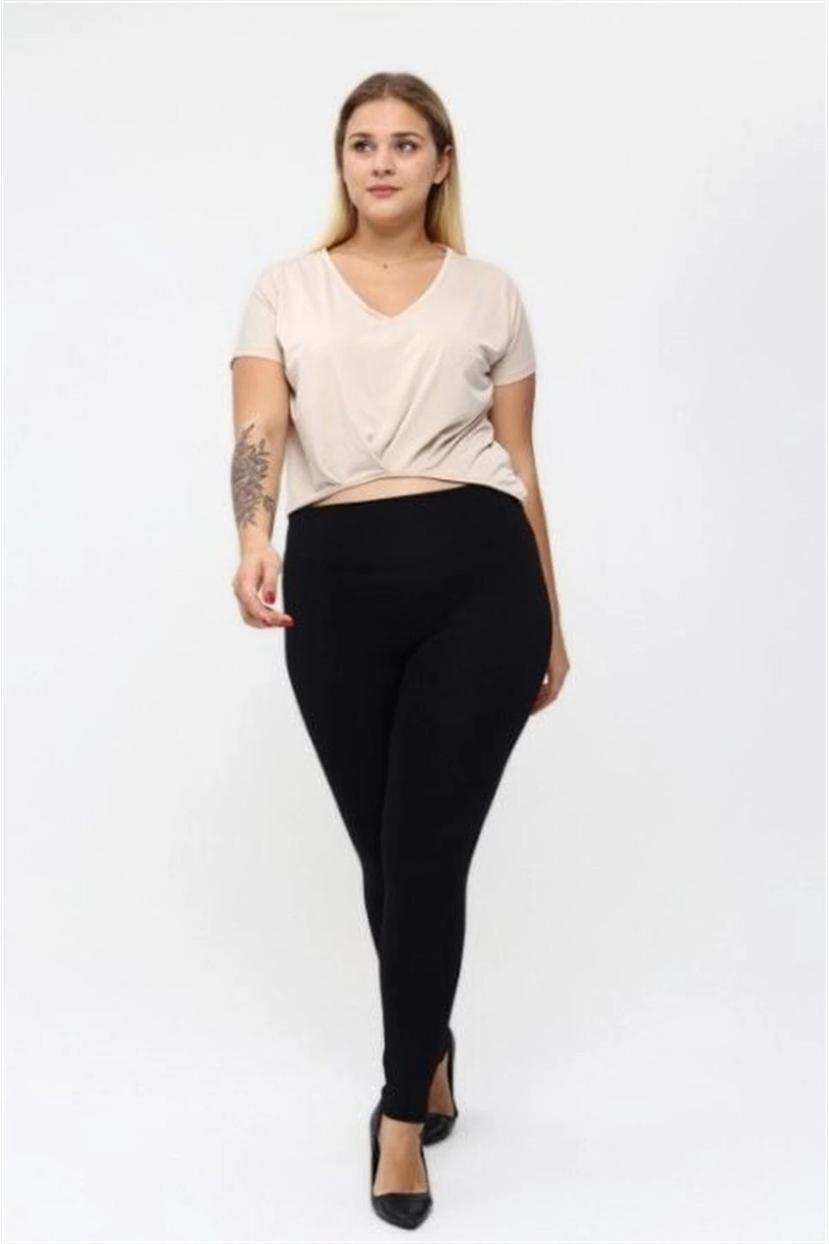 Siyah Battal Beden Şardonlu Çelik Yüksek Bel Kadın Tayt