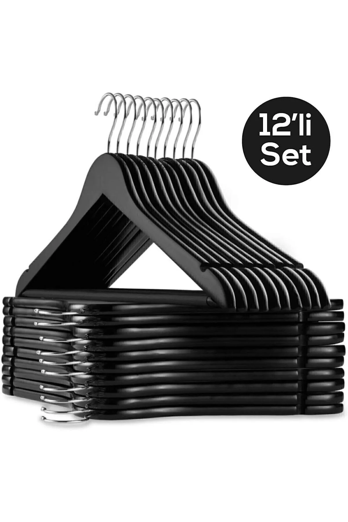 A Plus Ahşap Görünümlü Askı 12 Adet Siyah Gümüş Elbise Askısı Pantalon Gömlek Askısı