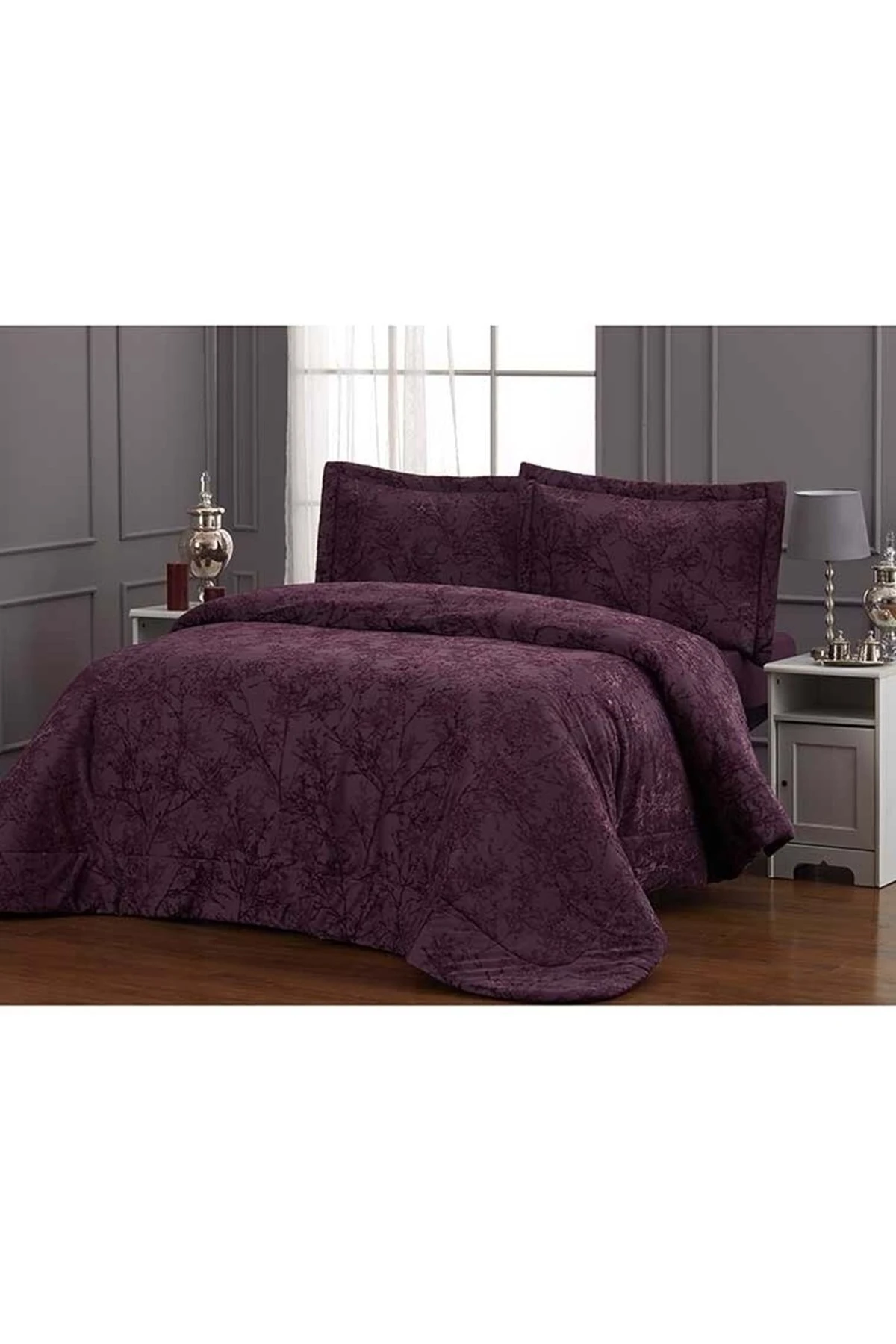 16 Parça Çeyiz Seti, Gelin Seti Yatak Ört Nevresim Tk Battaniye Bornoz Seti-branch Mürdüm