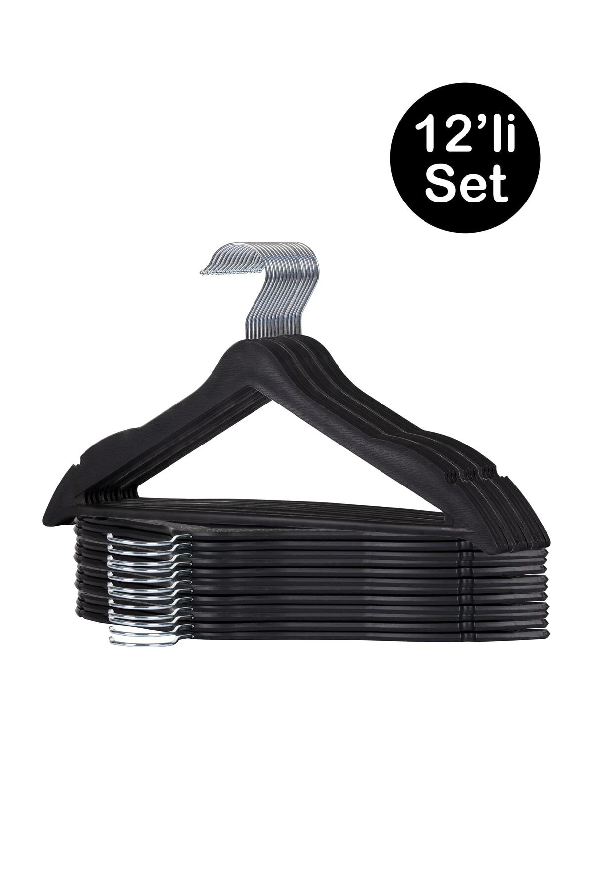 - 12 Adet Ahşap Görünümlü Lux Siyah Askı ( Elbise - Pantolon - Etek Askısı)