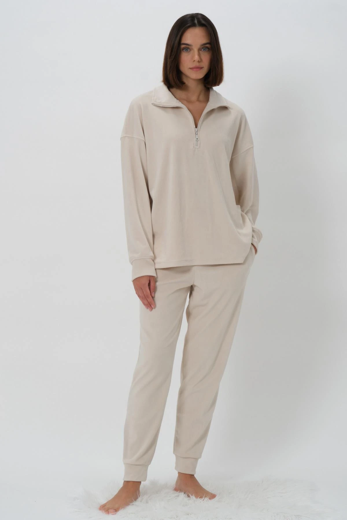 Kadın Uzun Kol Polar Ekru Eşofman Takım Ctn75