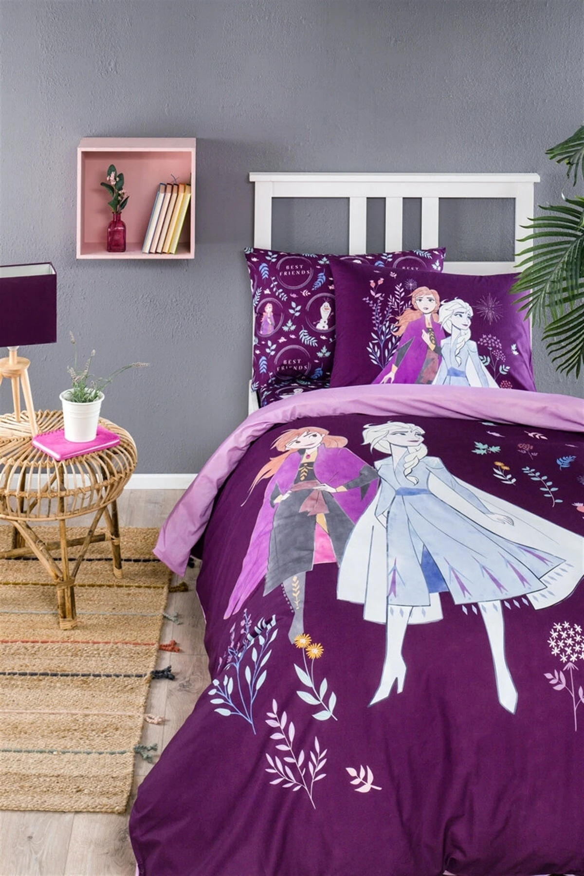 Frozen Natural Disney Nevresim Takımı Lastikli Çarşaf Tek Kişilik-lila
