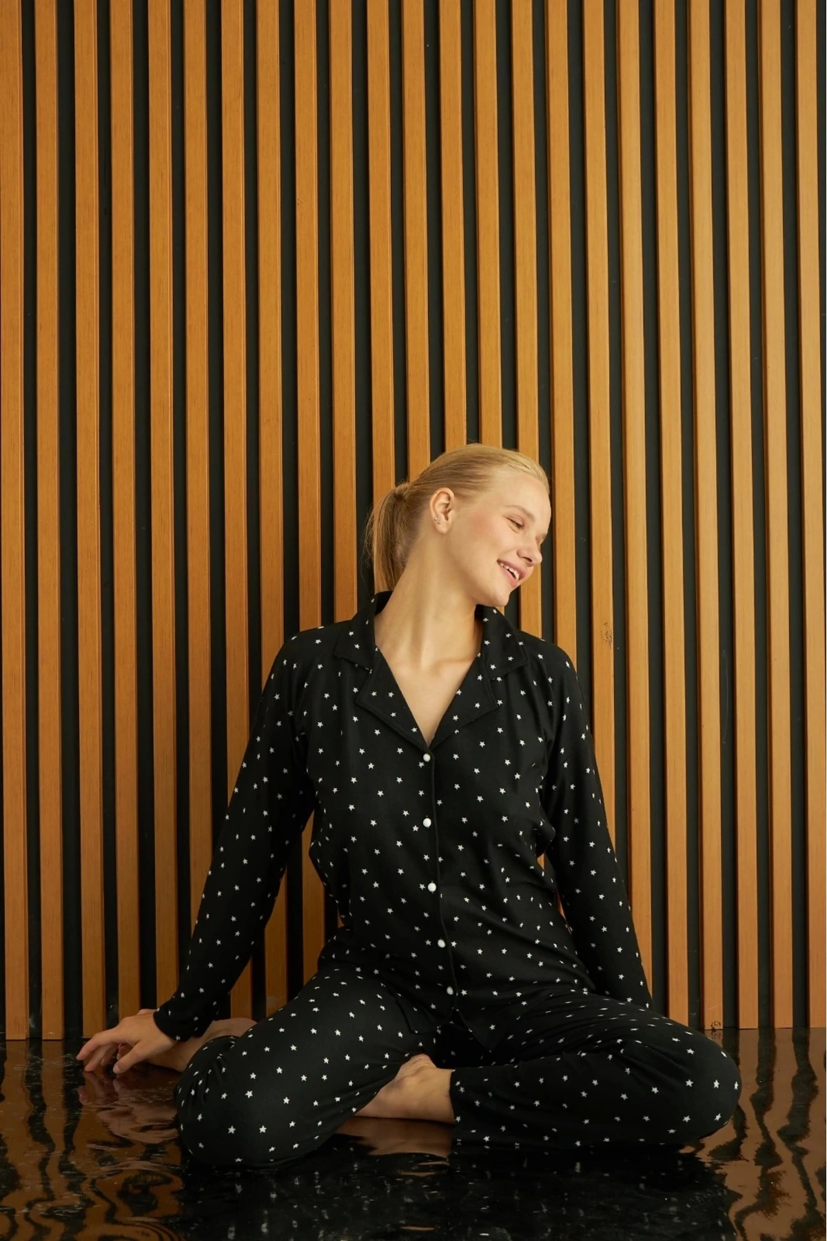 PİJAMONİ EKOSE BASKILI SÜET ÖNÜ DÜĞMELİ UZUN KOLLU KADIN PİJAMA TAKIMI 5660 - SİYAH