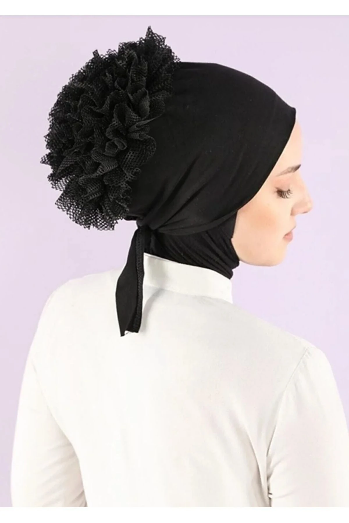 Tesettür Kadın Siyah Fırfırlı Topuz Bone