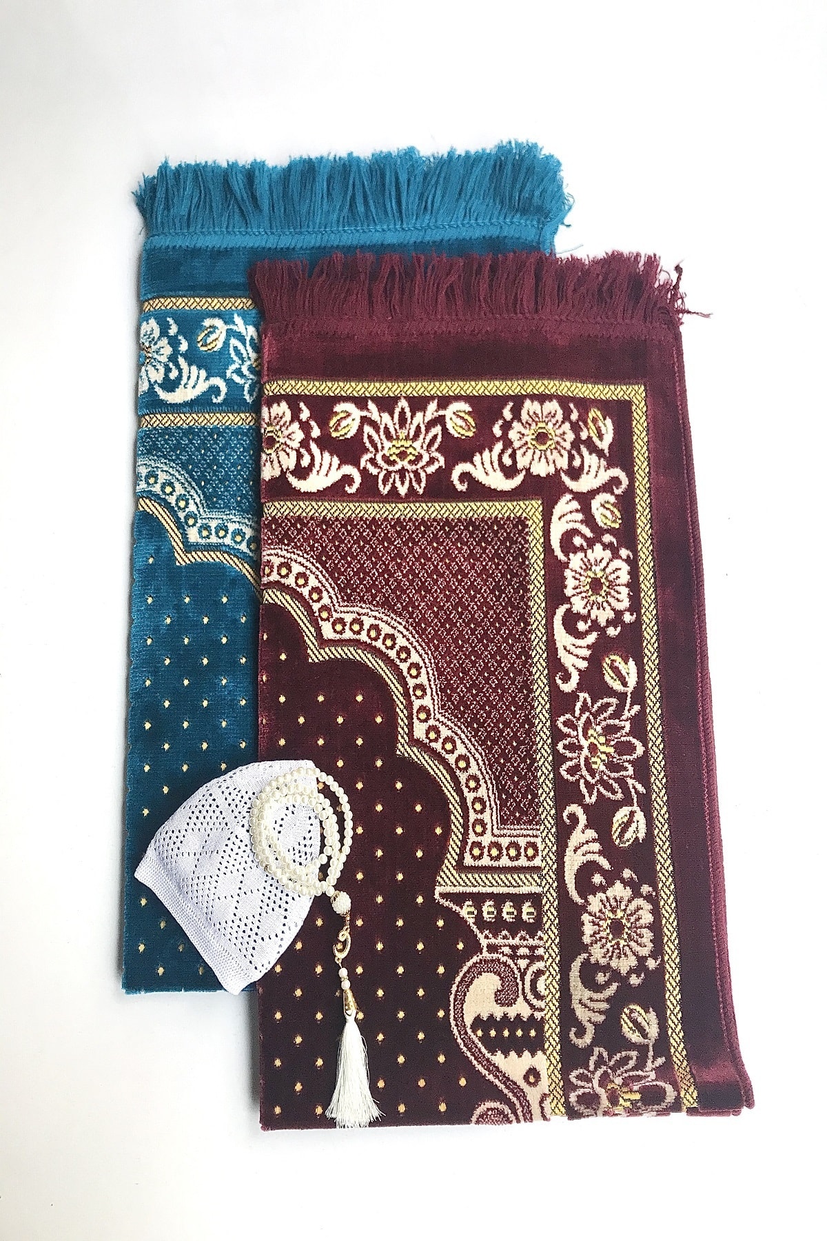 Düğün,nişan Bohçaları Için Lüks Dodya Kadife Seccade(Pudra,turkuaz),tesbih,takke