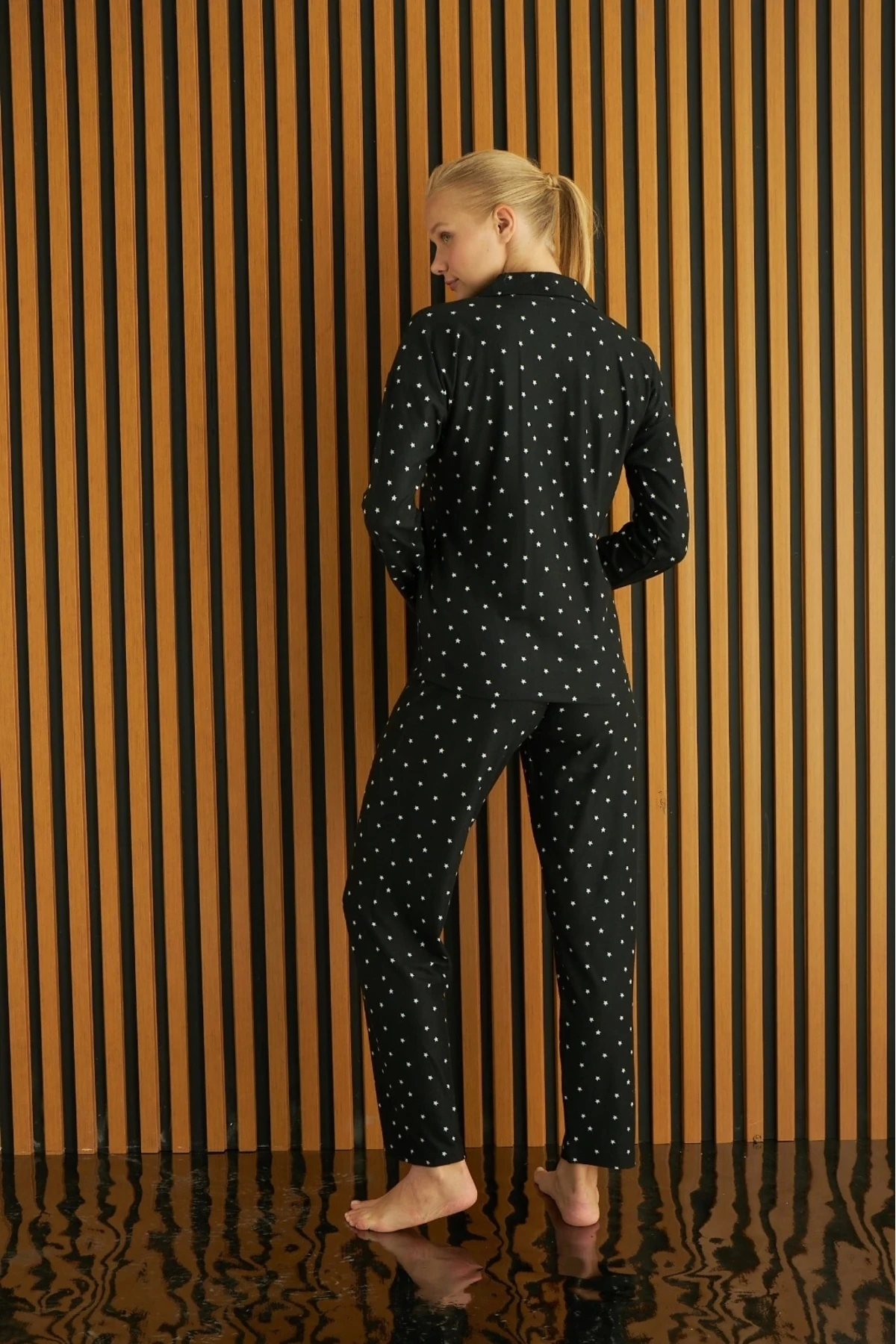 PİJAMONİ EKOSE BASKILI SÜET ÖNÜ DÜĞMELİ UZUN KOLLU KADIN PİJAMA TAKIMI 5660 - SİYAH