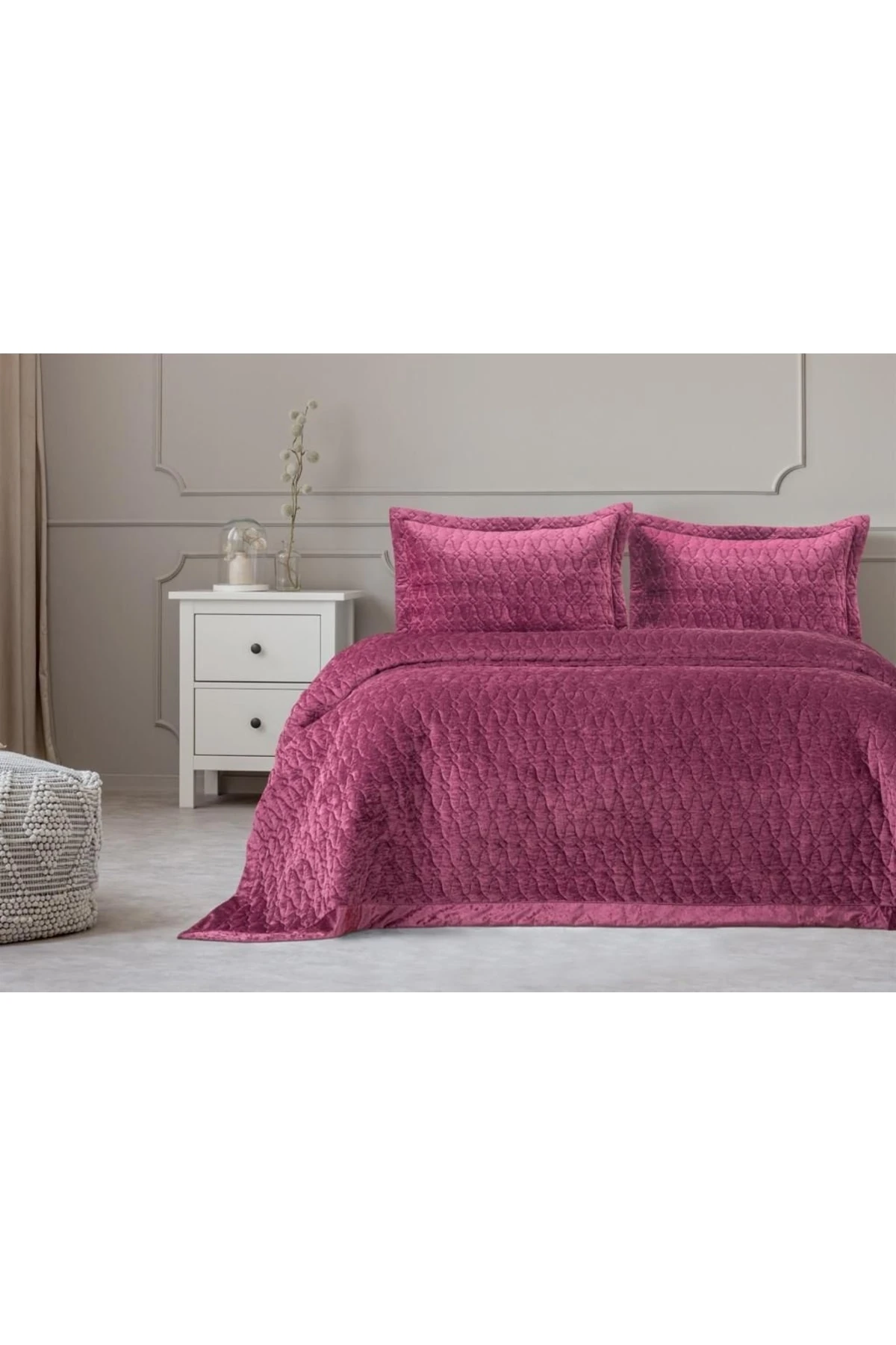 Art Deco Çift Kişilik Kadife Yatak Örtüsü Mürdüm