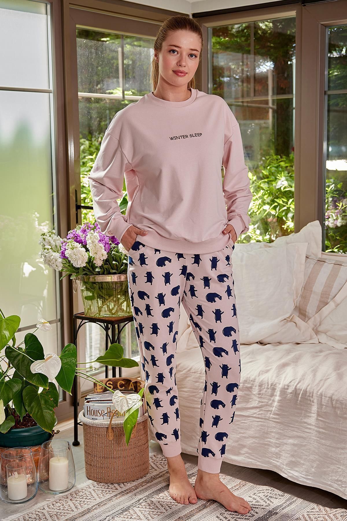 Yazı Detaylı Pijama Takımı - Kadın Animal Desenli Pijama Takımı
