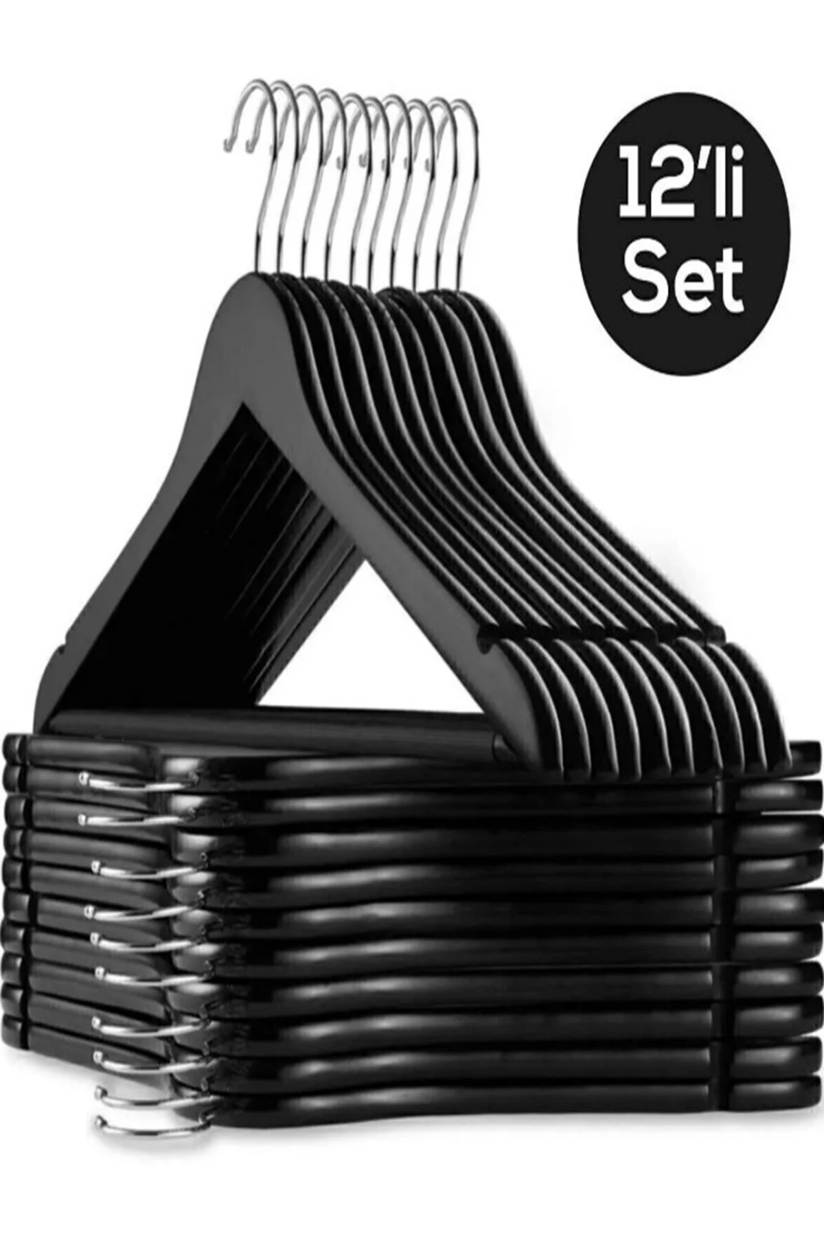 Ahşap Görünümlü Siyah Askı 12 Adet Elbise Askısı Pantolon Gömlek Askısı