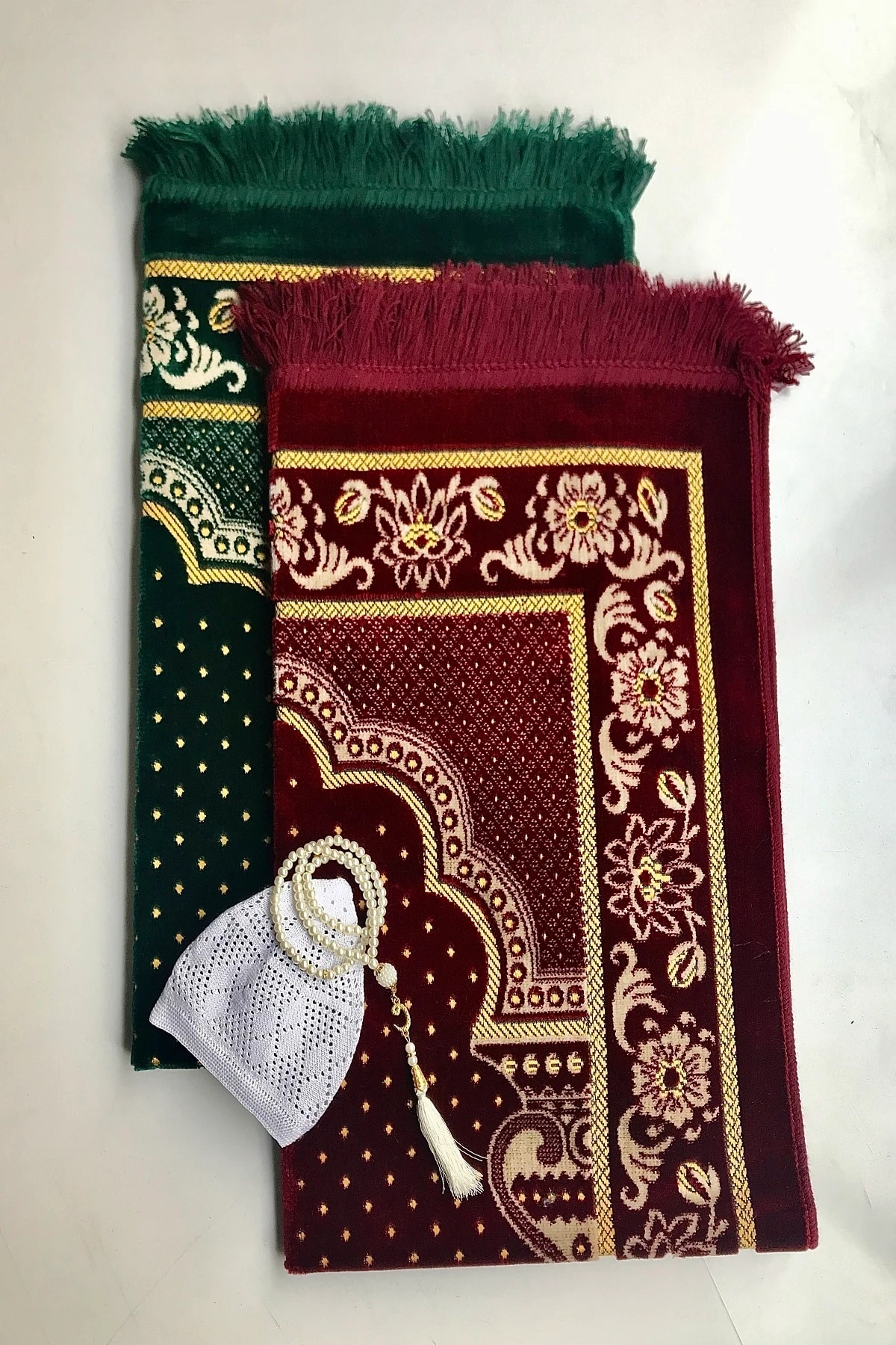 Düğün,nişan Bohçaları Için Lüks Dodya Kadife Seccade(Bordo,yeşil),tesbih,takke