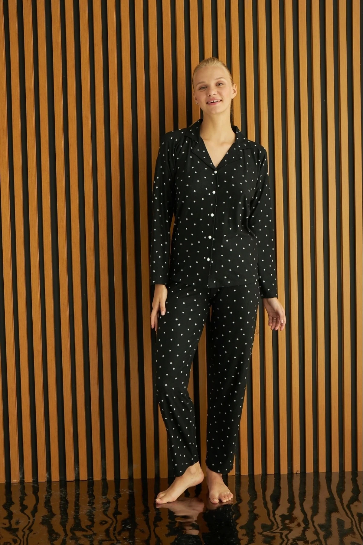 PİJAMONİ EKOSE BASKILI SÜET ÖNÜ DÜĞMELİ UZUN KOLLU KADIN PİJAMA TAKIMI 5660 - SİYAH