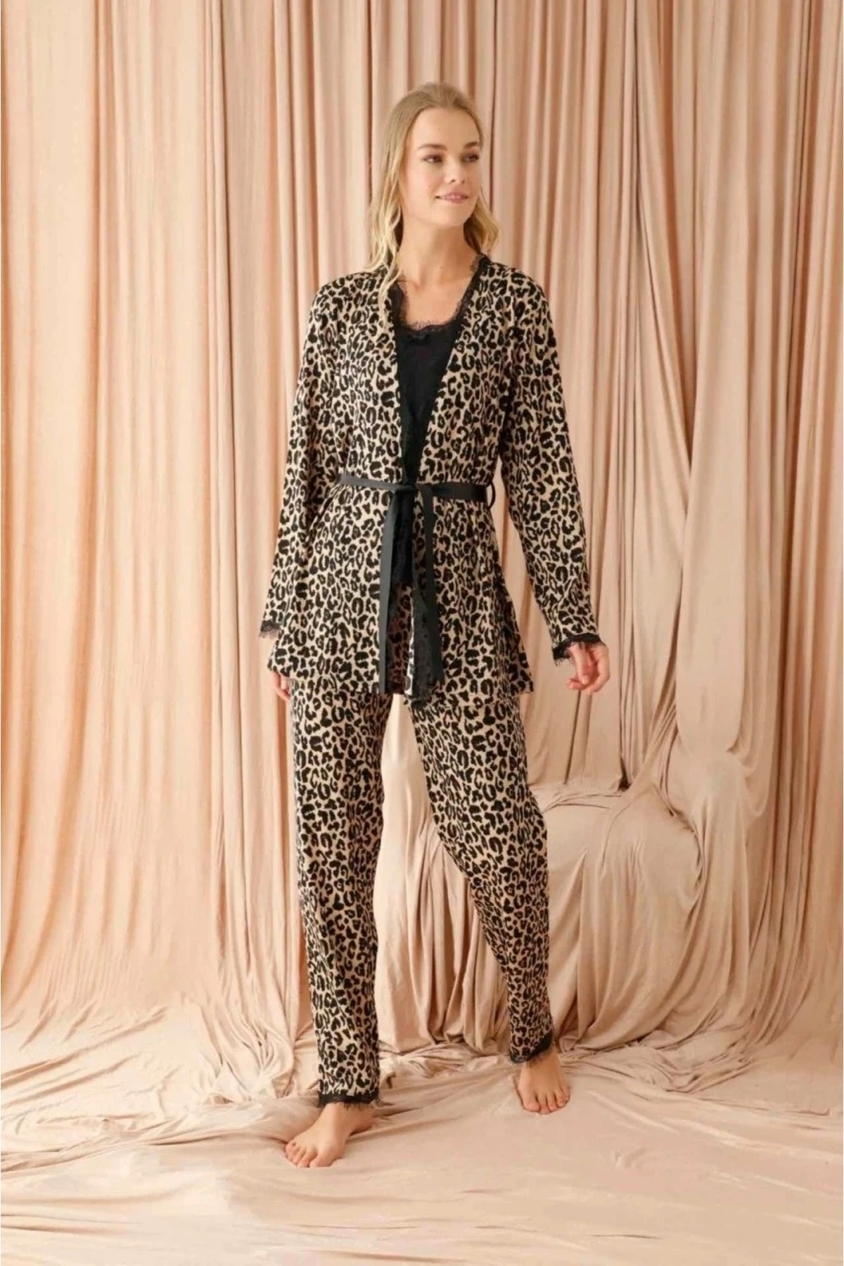 Leopar Süet 3lü Pijama Takımı 5547