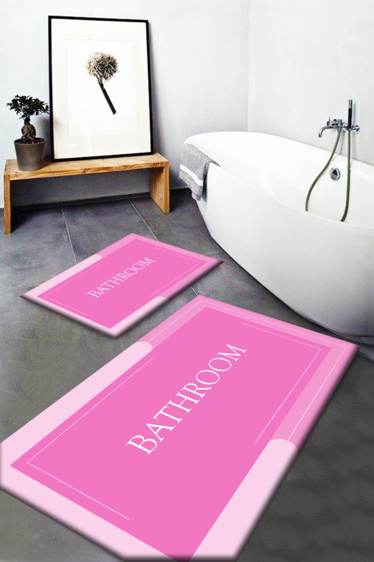 KASIM BANYO SETİ pembe Bath Yazılı Yıkanabilir Kaymaz Taban 2 Li Banyo Paspası Klozet Takımı Halısı