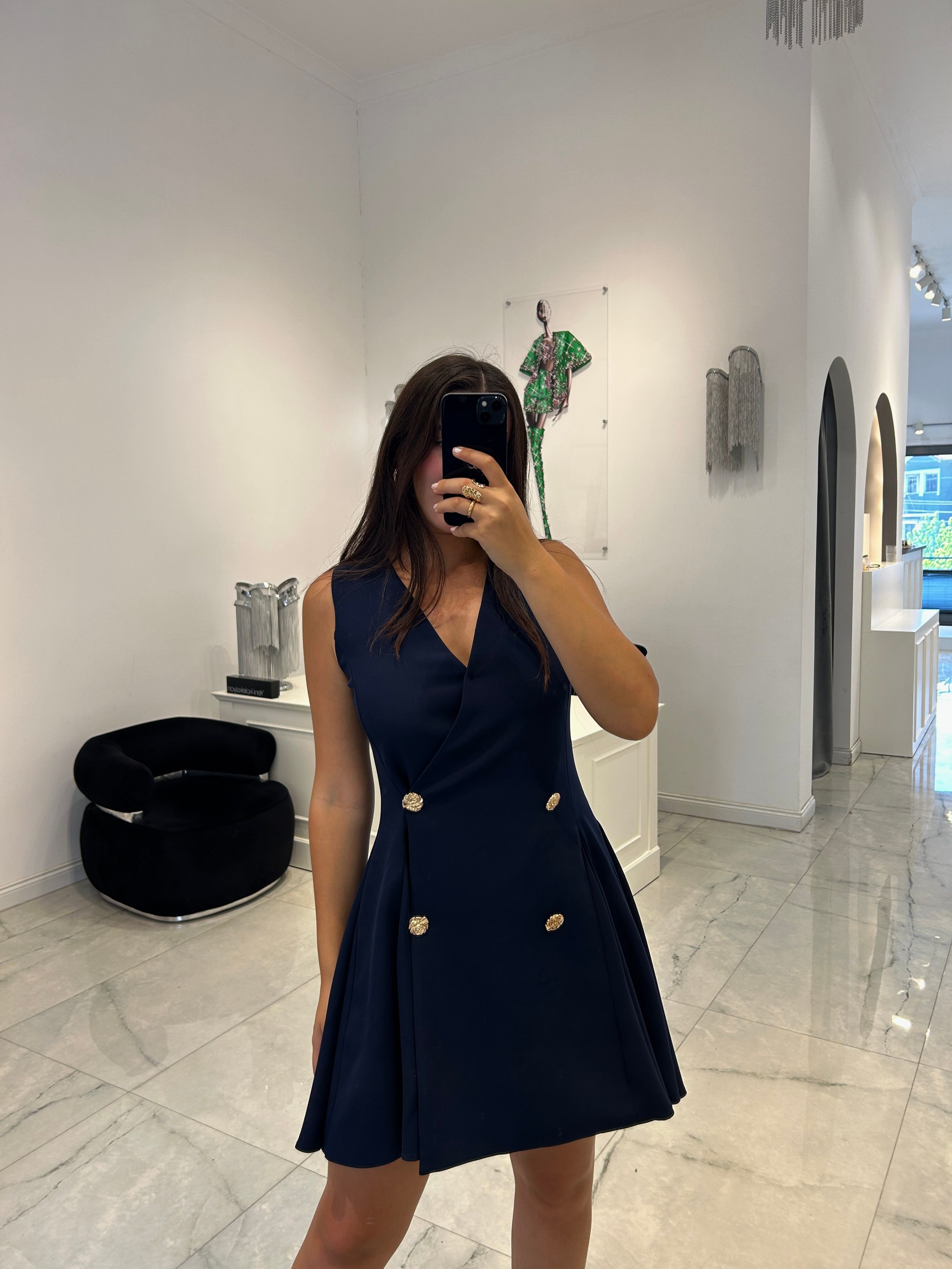 Lacivert gold düğmeli mini elbise