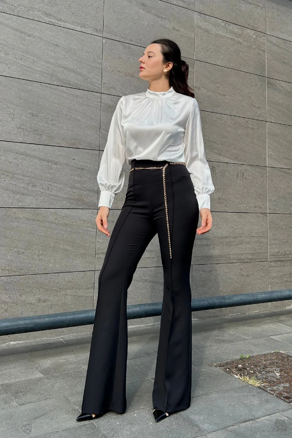 Siyah ispanyol zincir kemerli pantolon