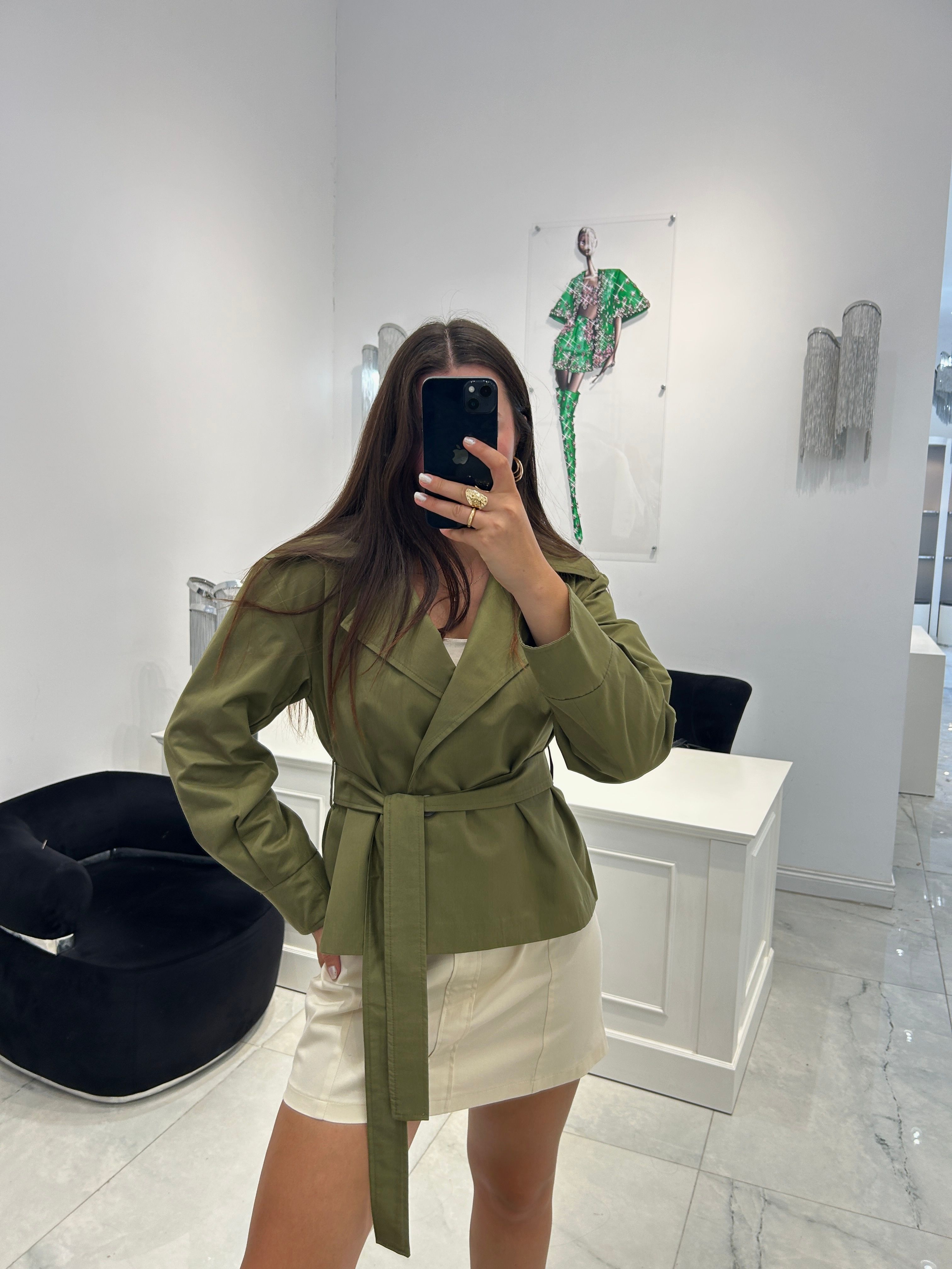 Haki kruvaze kapama kısa trench coat