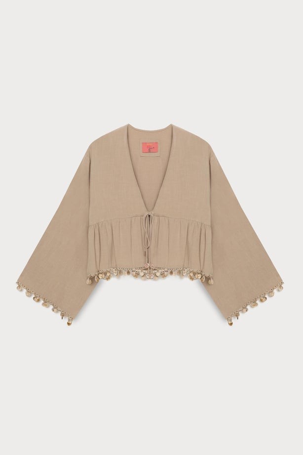 Koyu bej aksesuarlı kimono bluz