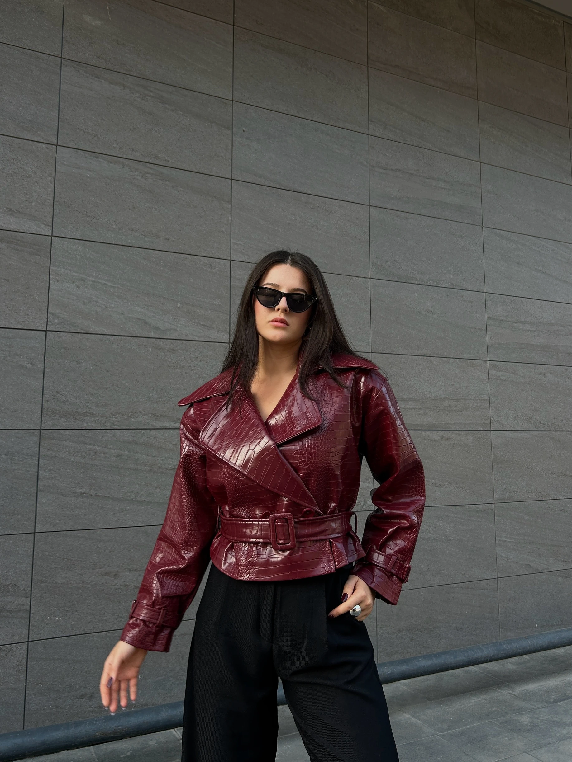 Bordo kroko deri ceket