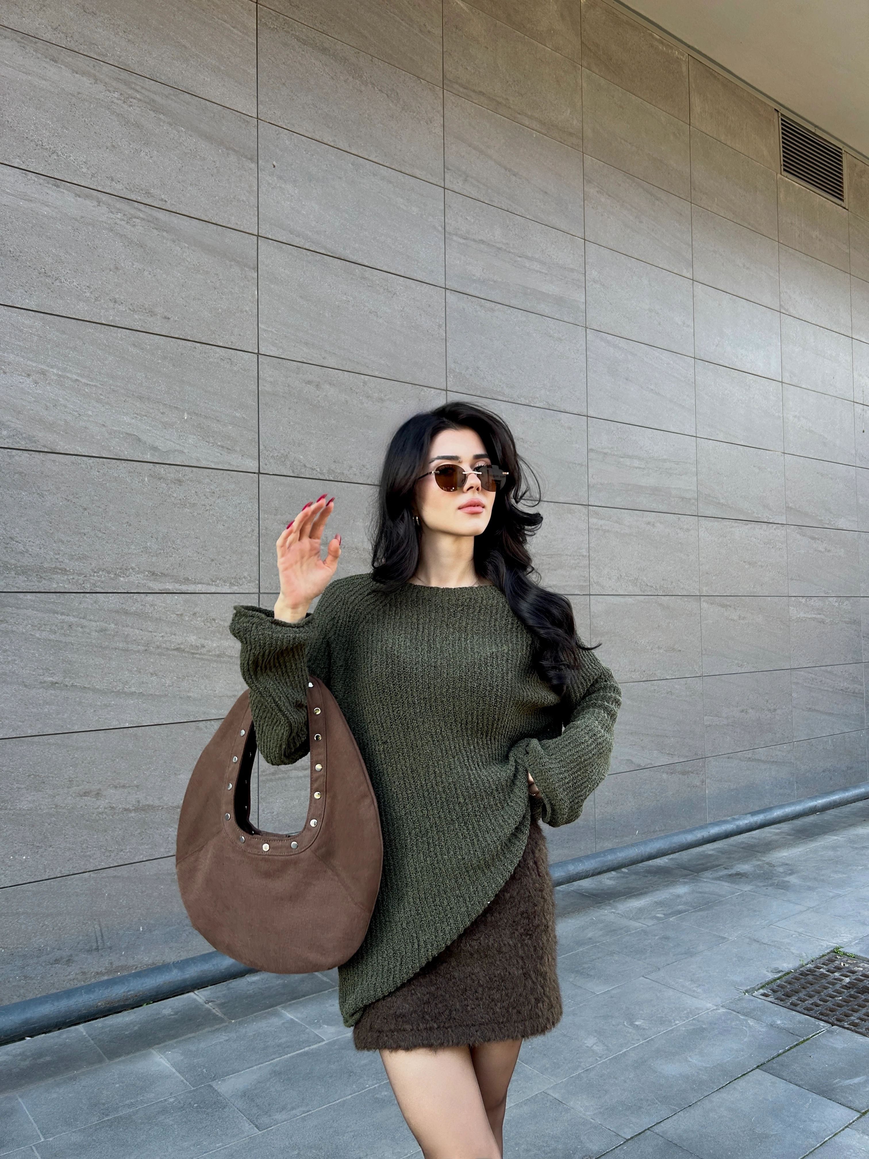 Haki kayık yaka triko