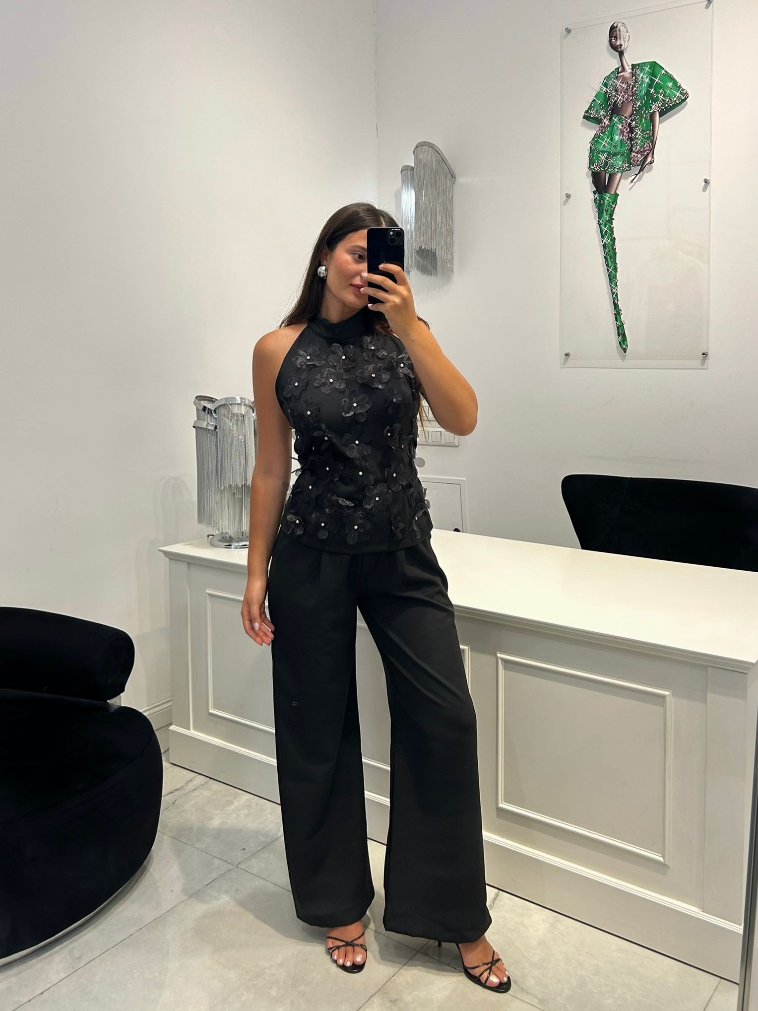 Siyah çiçekli bluz pantolon takım