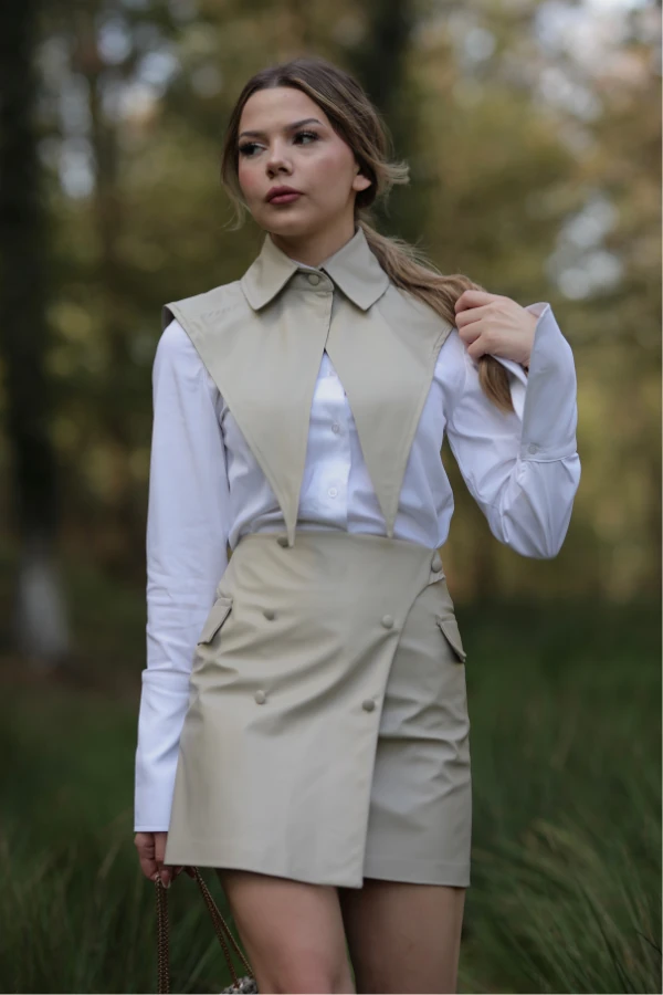 Bej düğmeli deri Etek