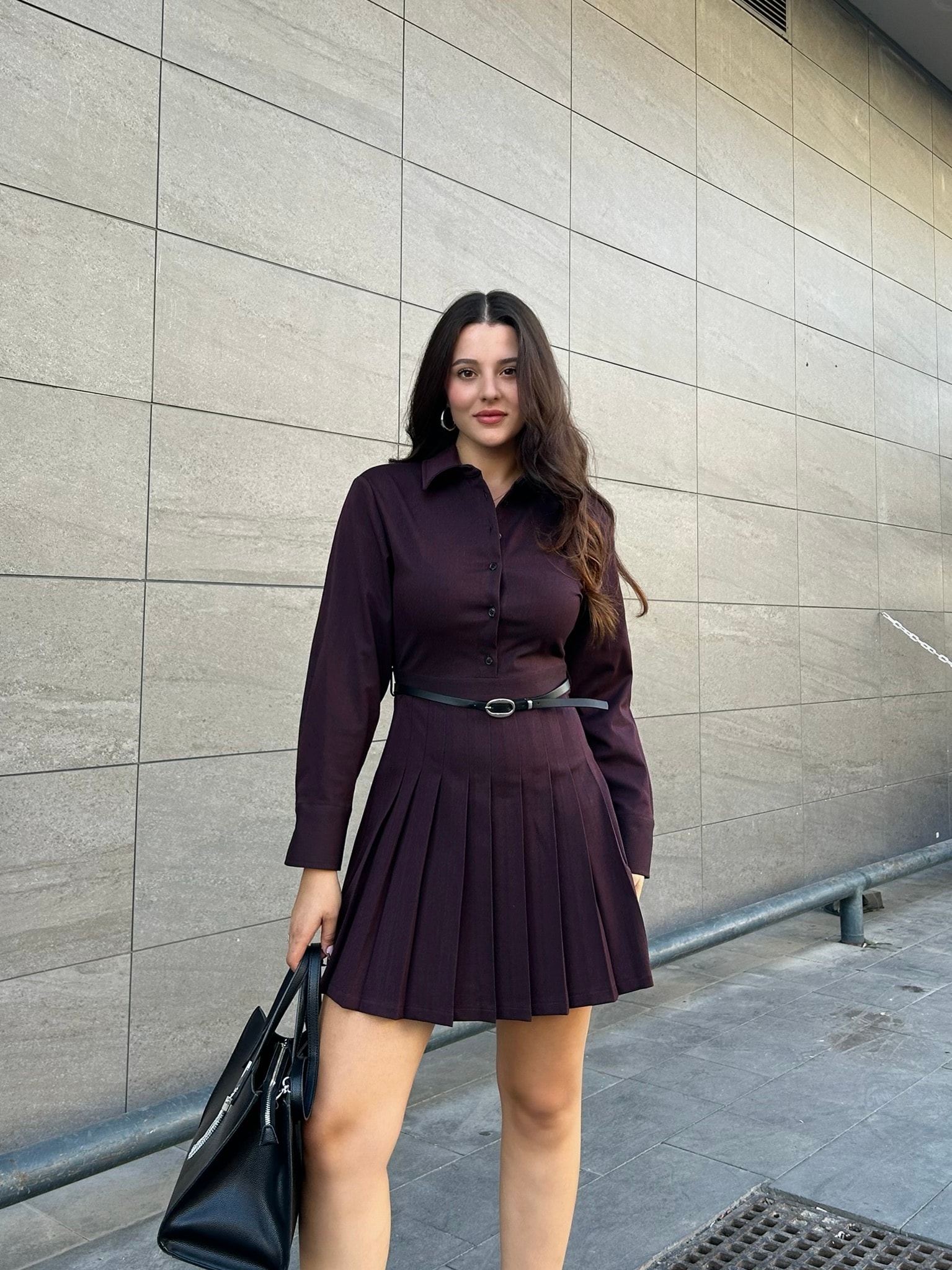 Bordo çizgili mini elbise