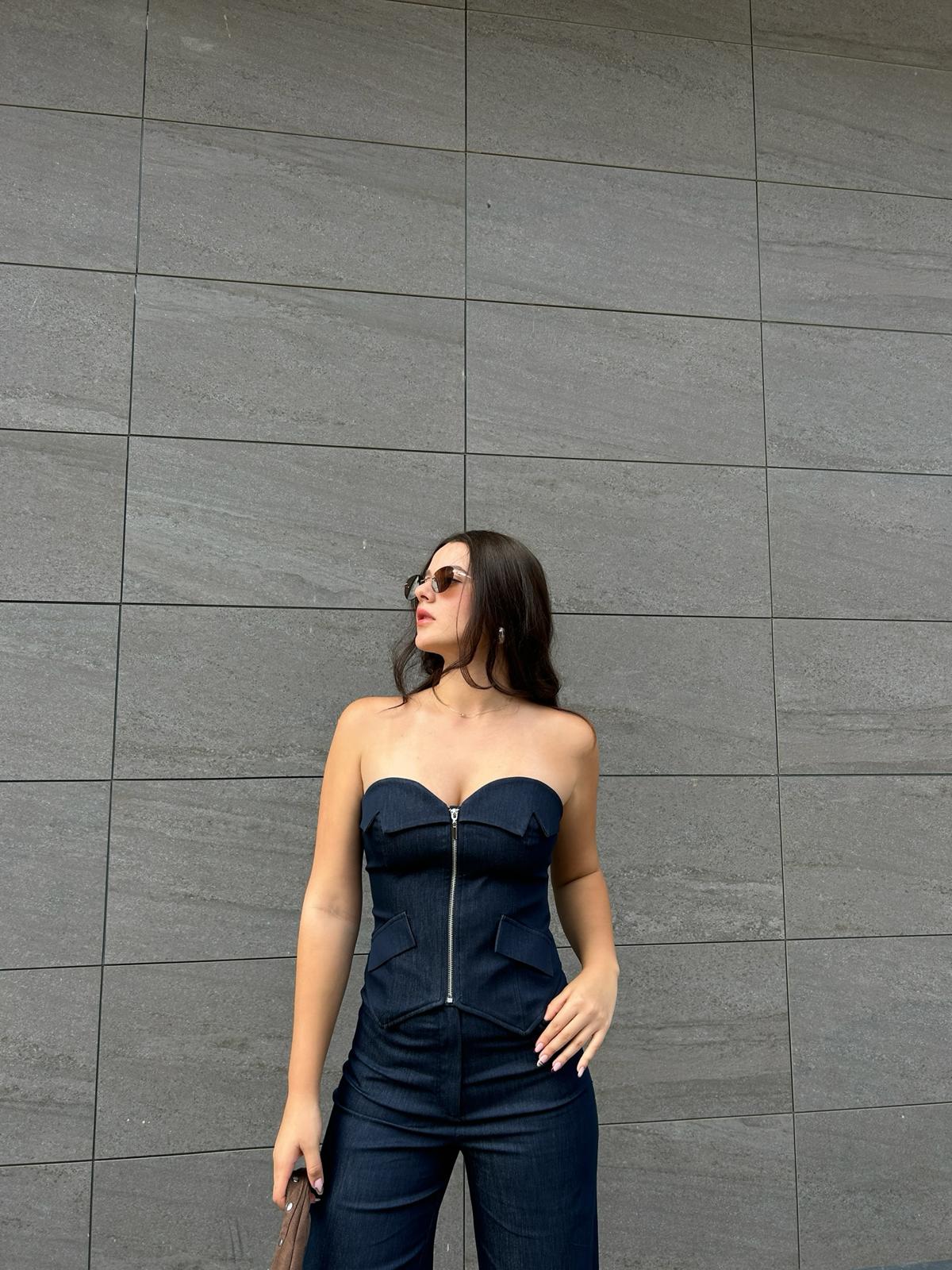 Lacivert denim büstiyer
