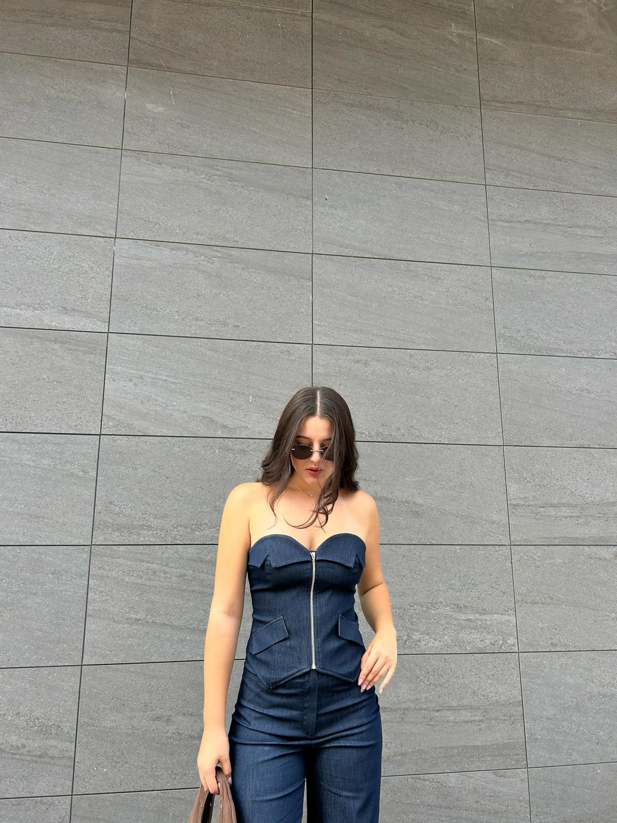 Lacivert denim büstiyer