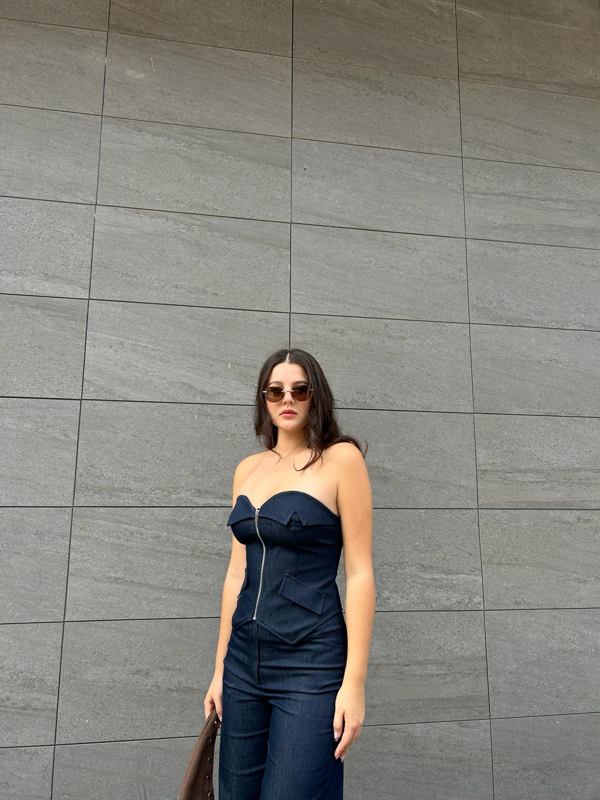 Lacivert denim büstiyer