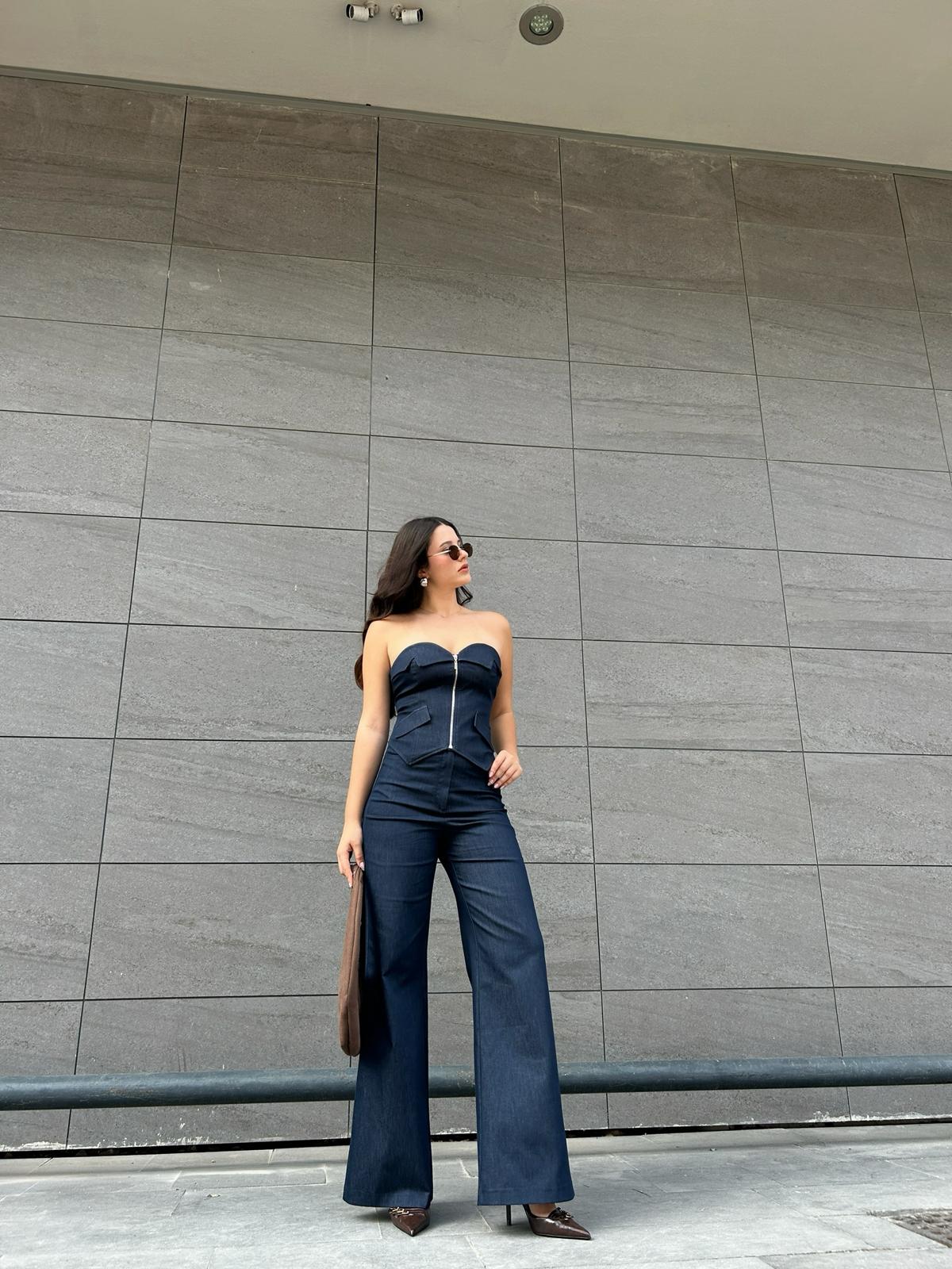 Lacivert geniş paça denim pantolon