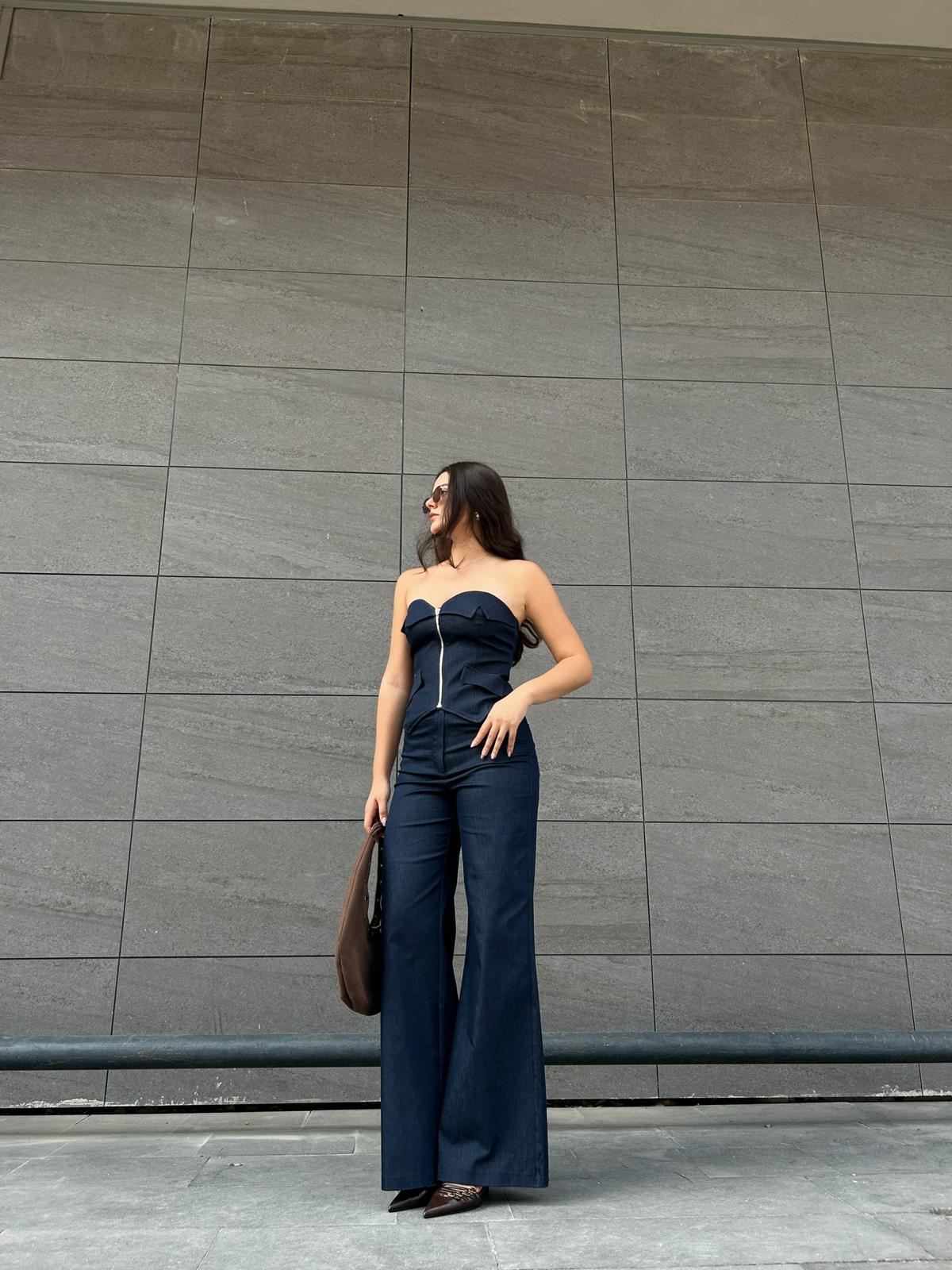 Lacivert geniş paça denim pantolon