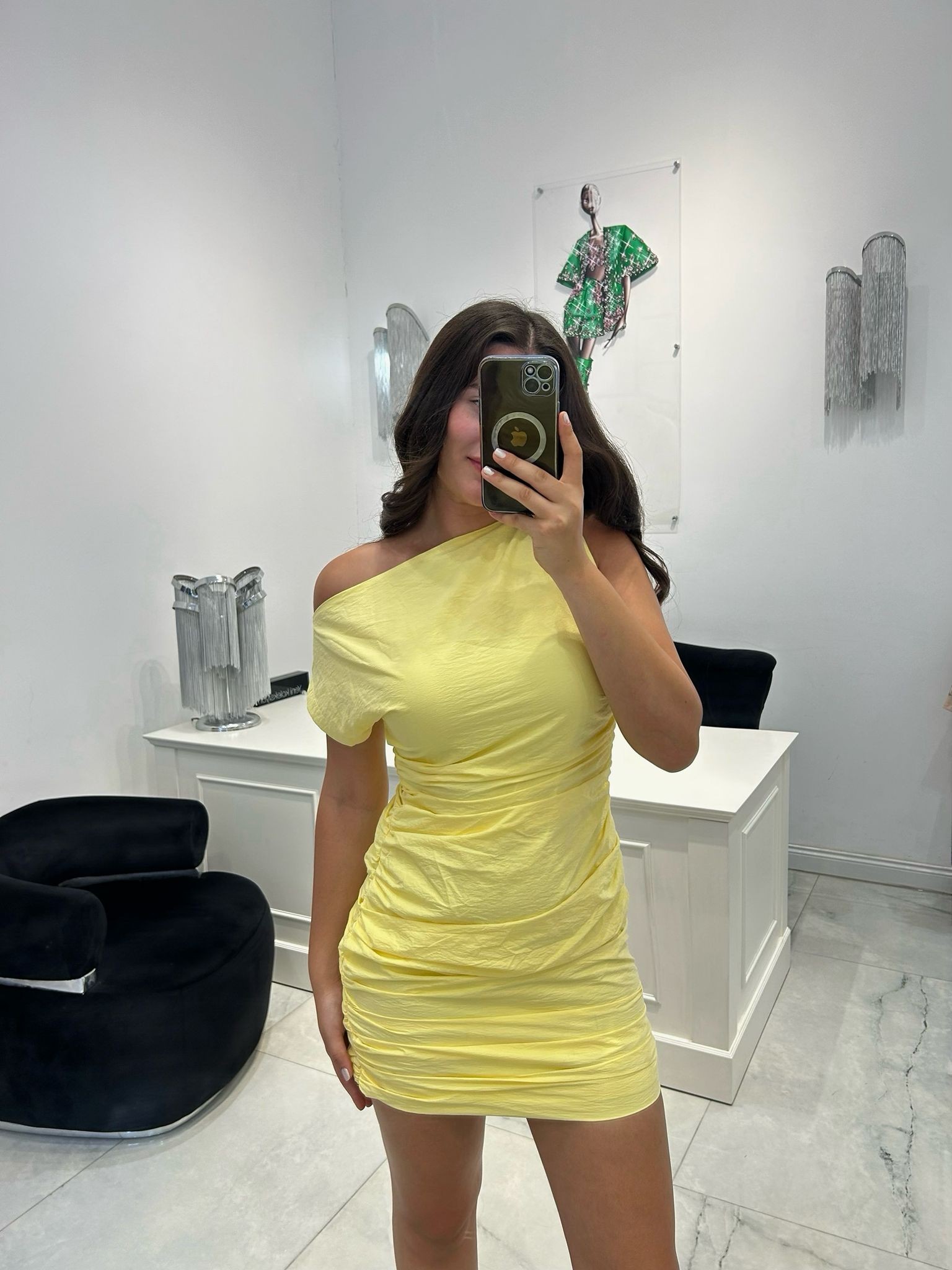 Sarı mini drapeli elbise 