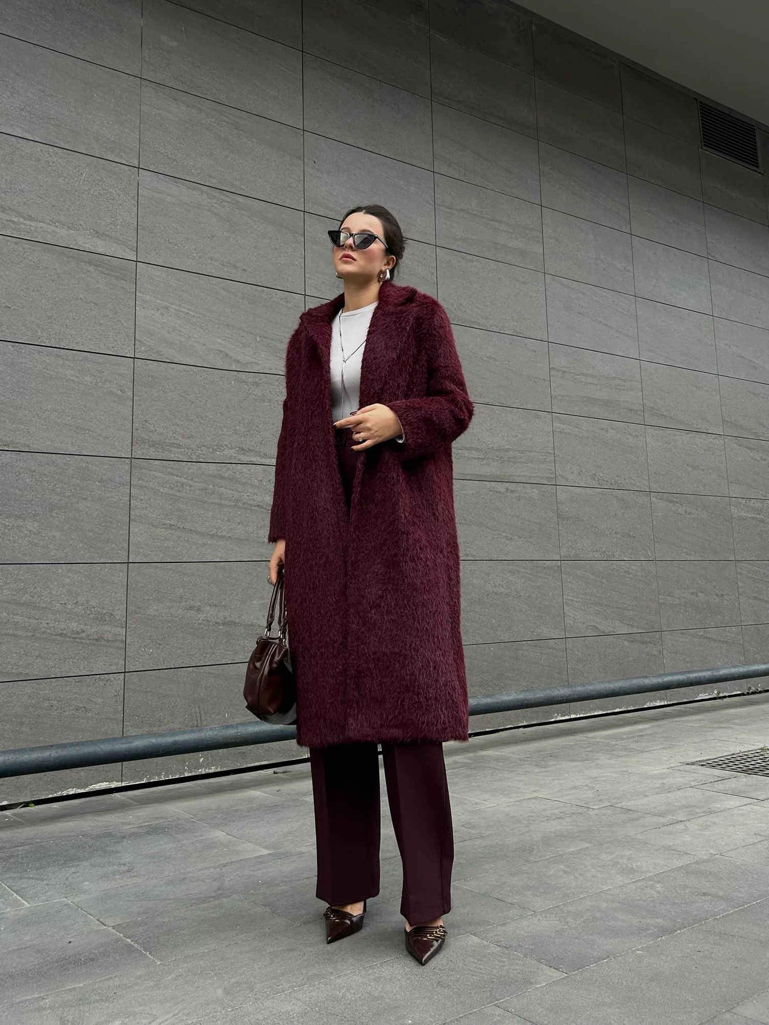 Bordo oversize peluş kaban