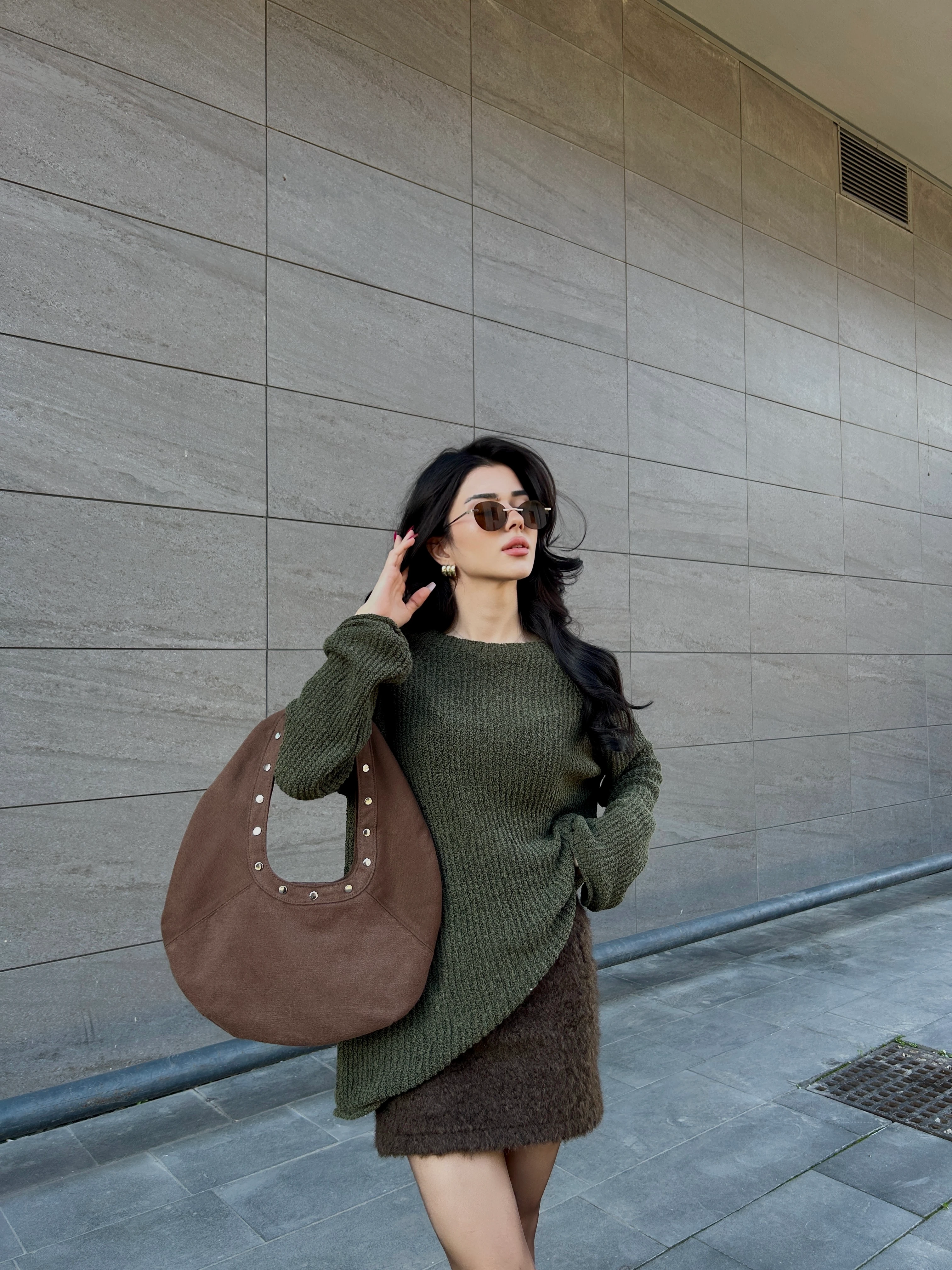 Haki kayık yaka triko