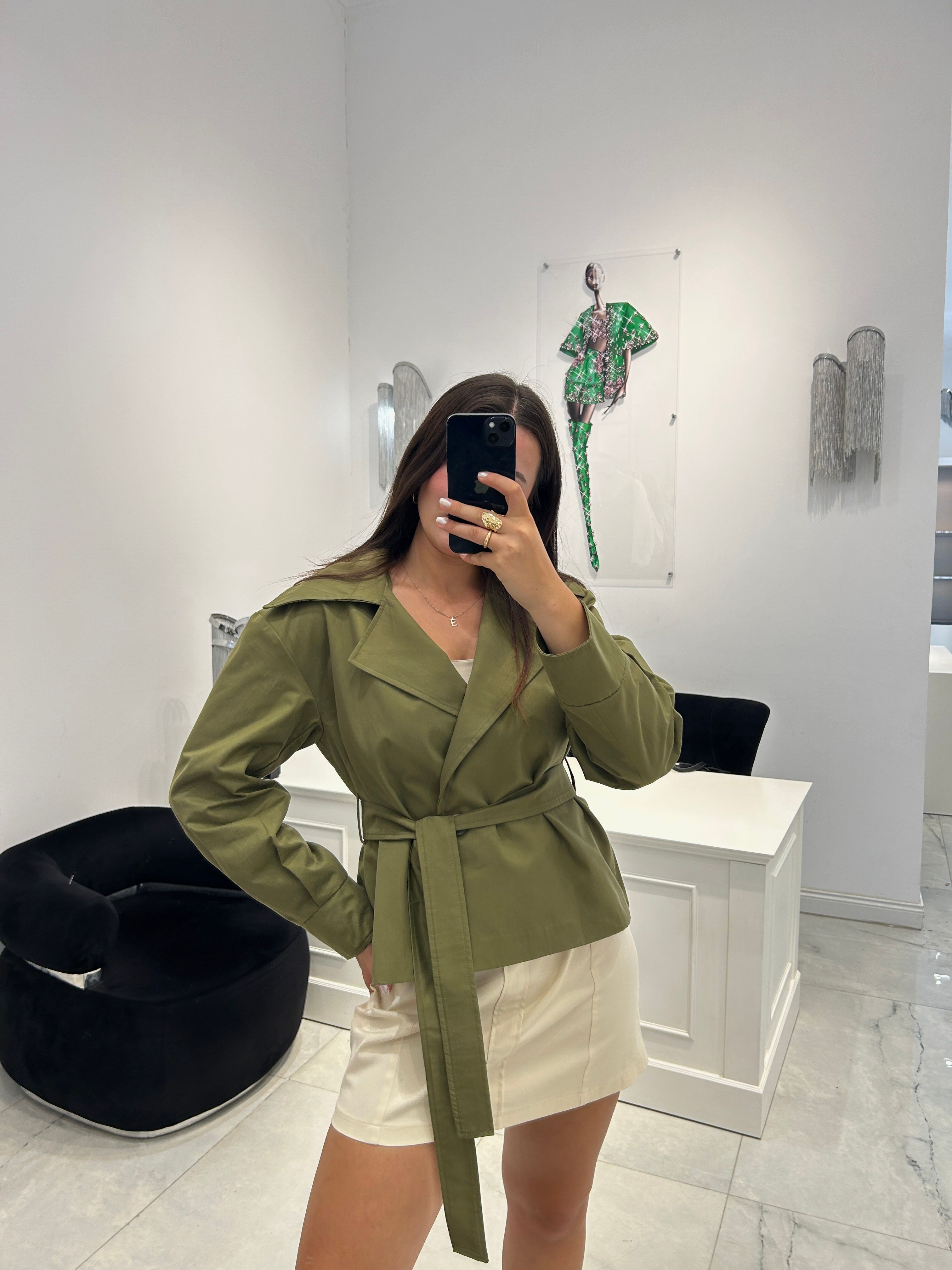 Haki kruvaze kapama kısa trench coat
